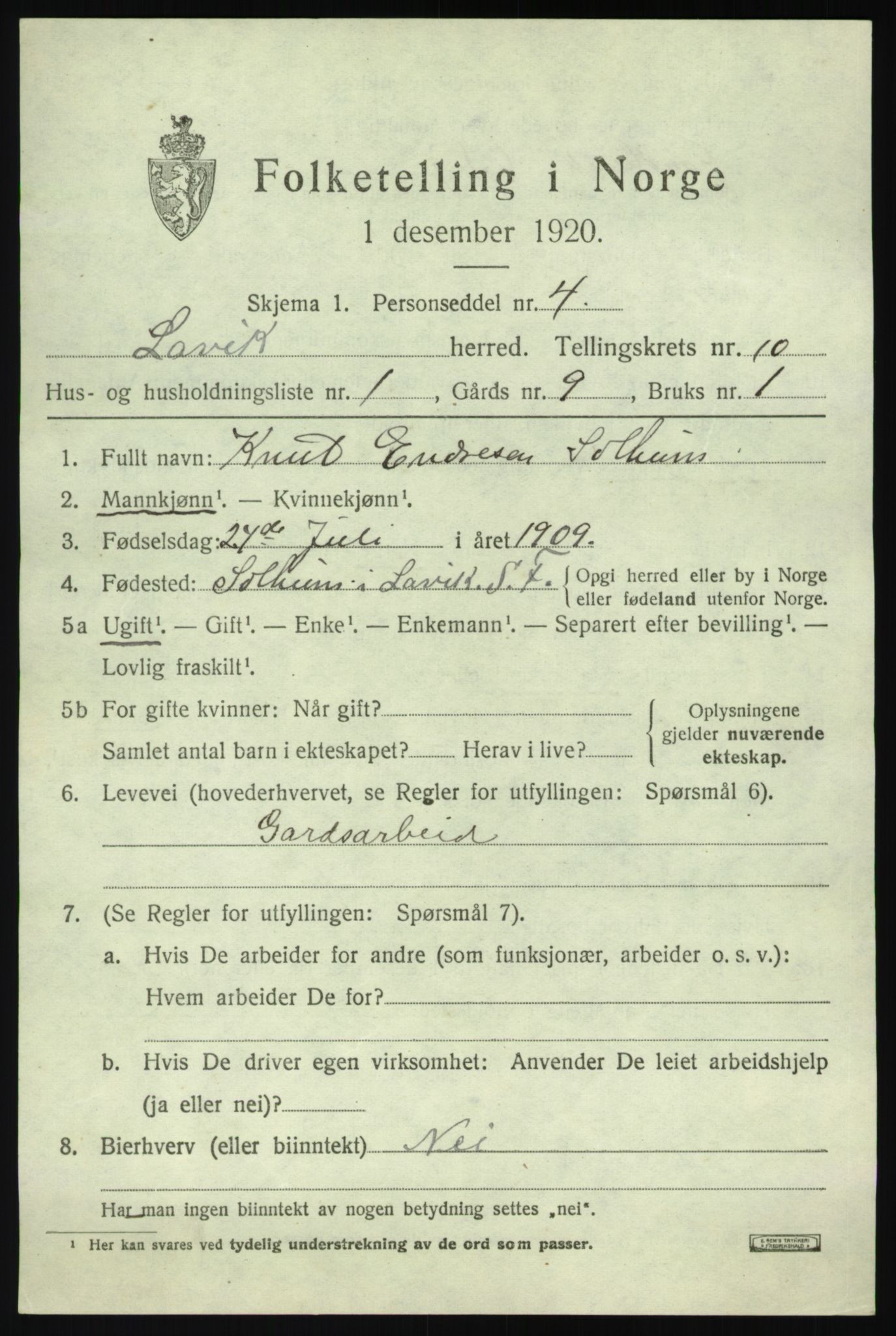 SAB, 1920 census for Lavik, 1920, p. 2270