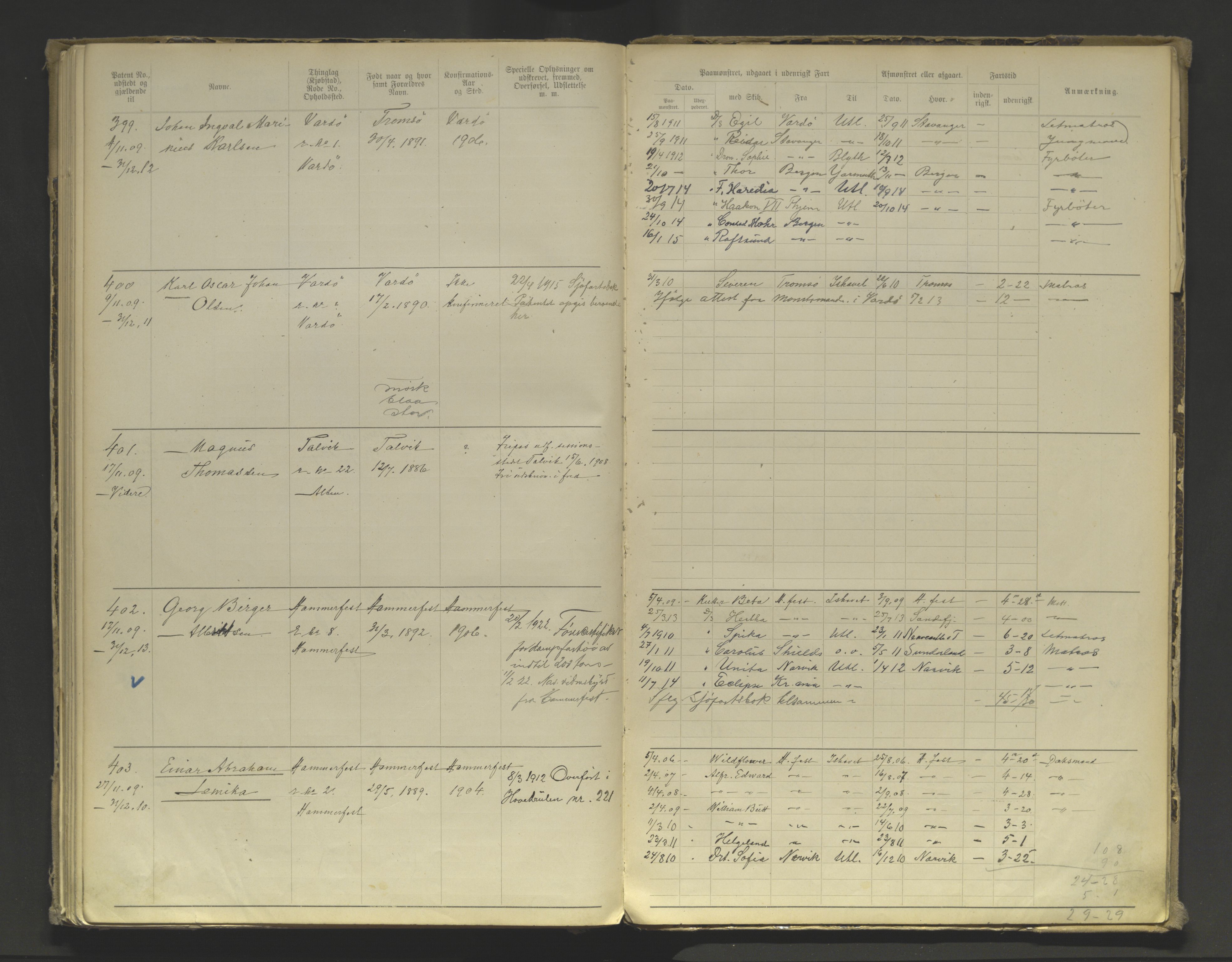 Tromsø sjømannskontor/innrullerings-/mønstringsdistrikt, AV/SATØ-S-0243/F/Fa/L0004: Annotasjonsrulle. Defekt: manglende rygg. Nr. 1-473, 1869-1912