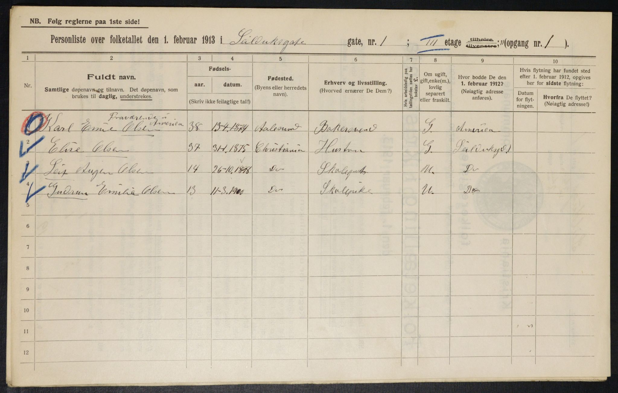 OBA, Municipal Census 1913 for Kristiania, 1913, p. 93797