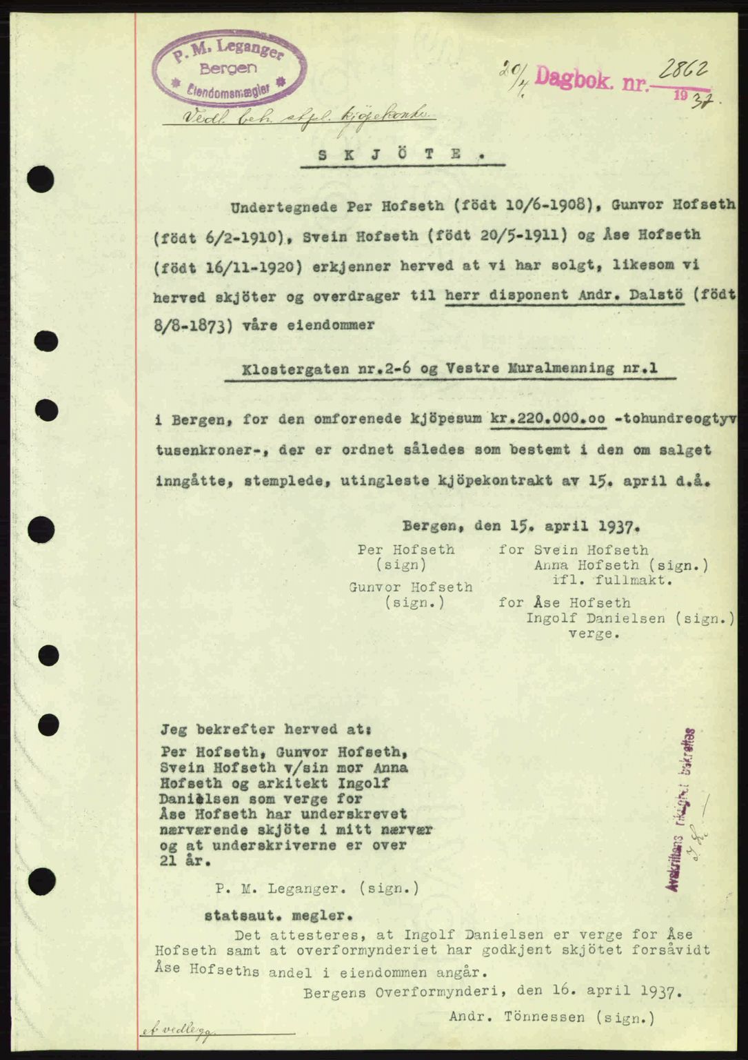 Byfogd og Byskriver i Bergen, SAB/A-3401/03/03Bc/L0004: Mortgage book no. A3-4, 1936-1937, Diary no: : 2862/1937