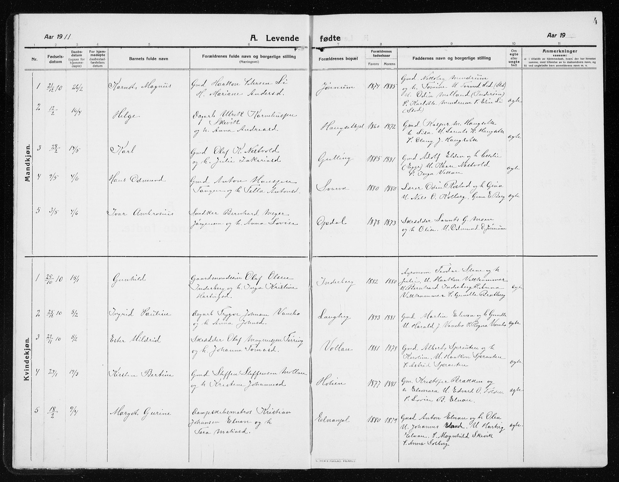 Ministerialprotokoller, klokkerbøker og fødselsregistre - Nord-Trøndelag, AV/SAT-A-1458/741/L0402: Parish register (copy) no. 741C03, 1911-1926, p. 4