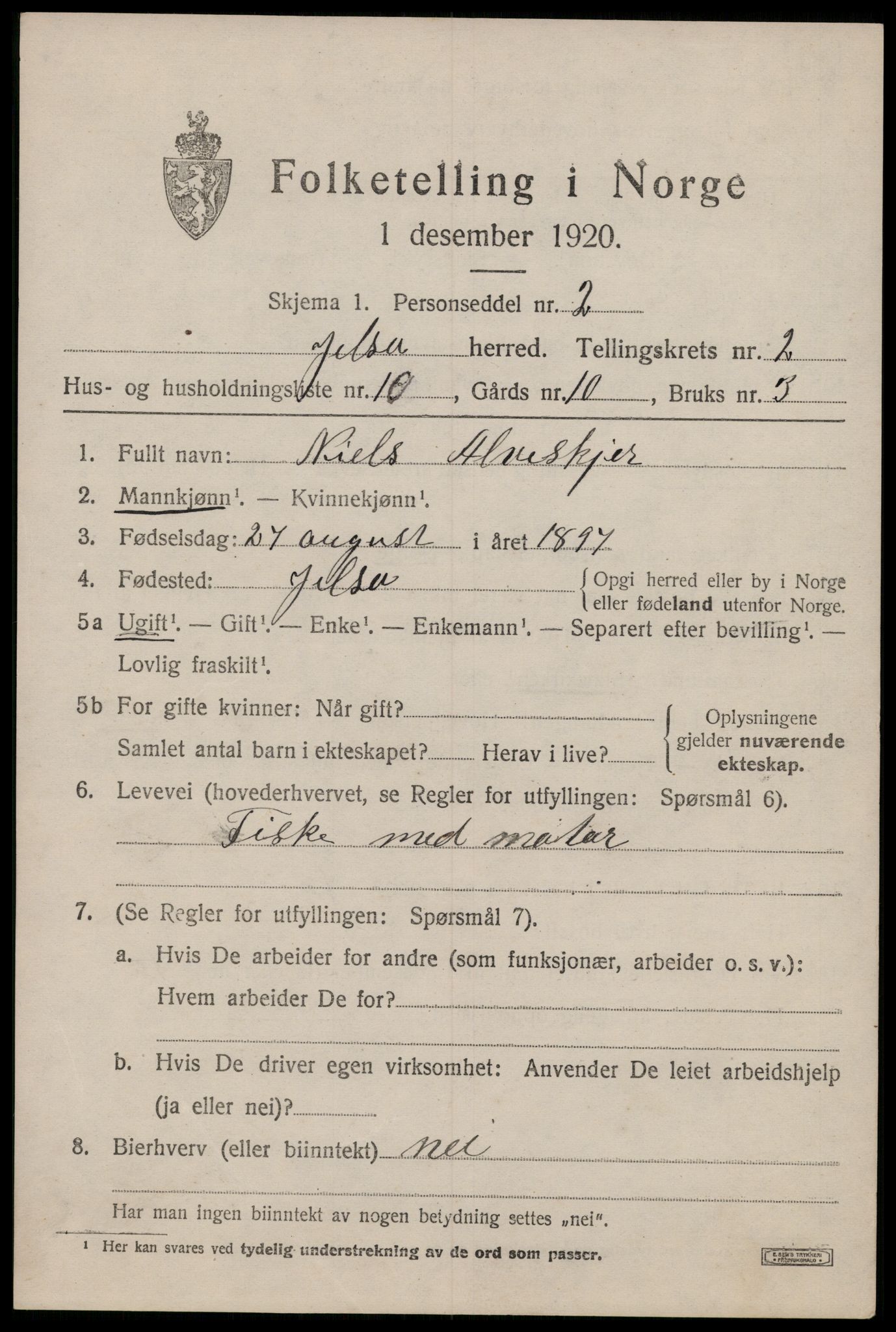 SAST, 1920 census for Jelsa, 1920, p. 942