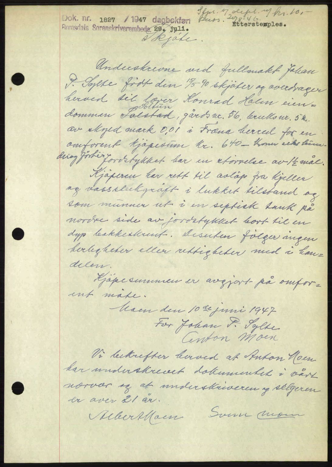 Romsdal sorenskriveri, AV/SAT-A-4149/1/2/2C: Mortgage book no. A23, 1947-1947, Diary no: : 1827/1947