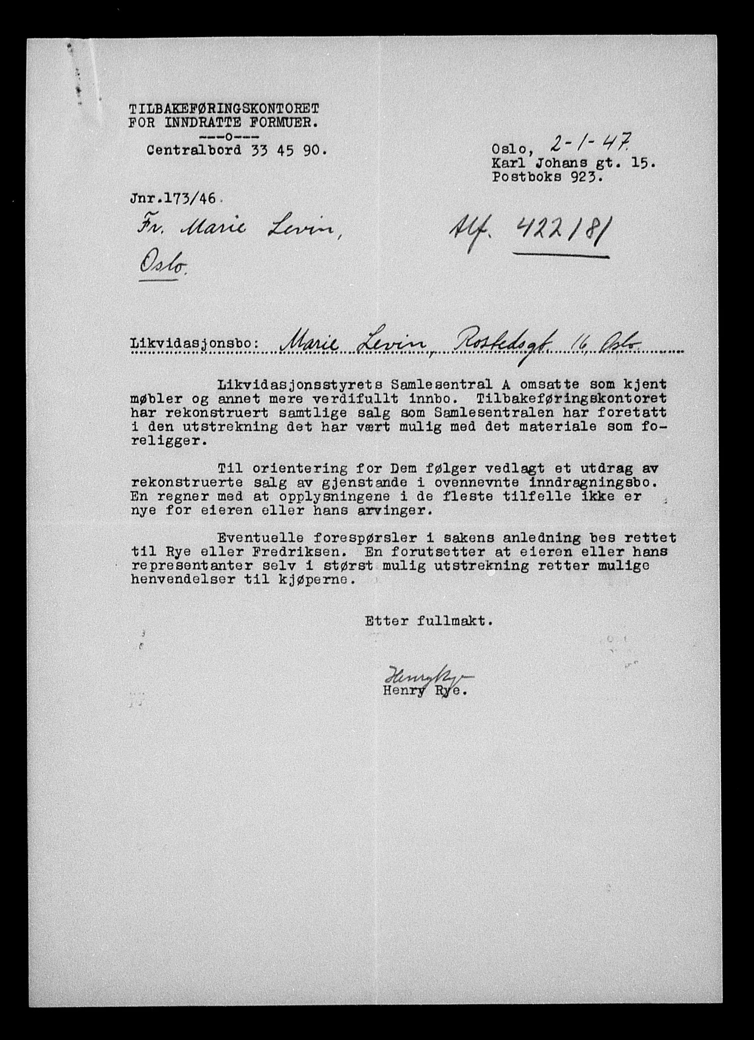 Justisdepartementet, Tilbakeføringskontoret for inndratte formuer, AV/RA-S-1564/H/Hc/Hcc/L0958: --, 1945-1947, p. 10