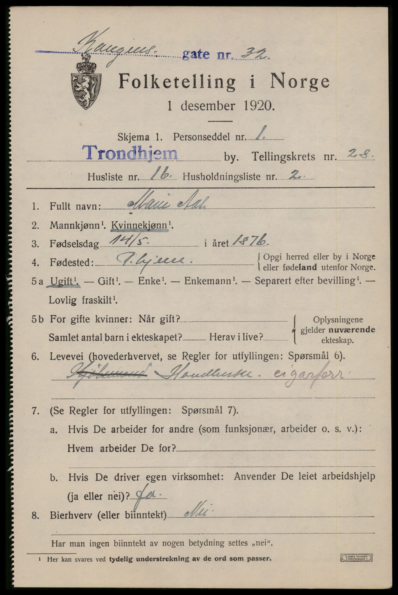 SAT, 1920 census for Trondheim, 1920, p. 71388