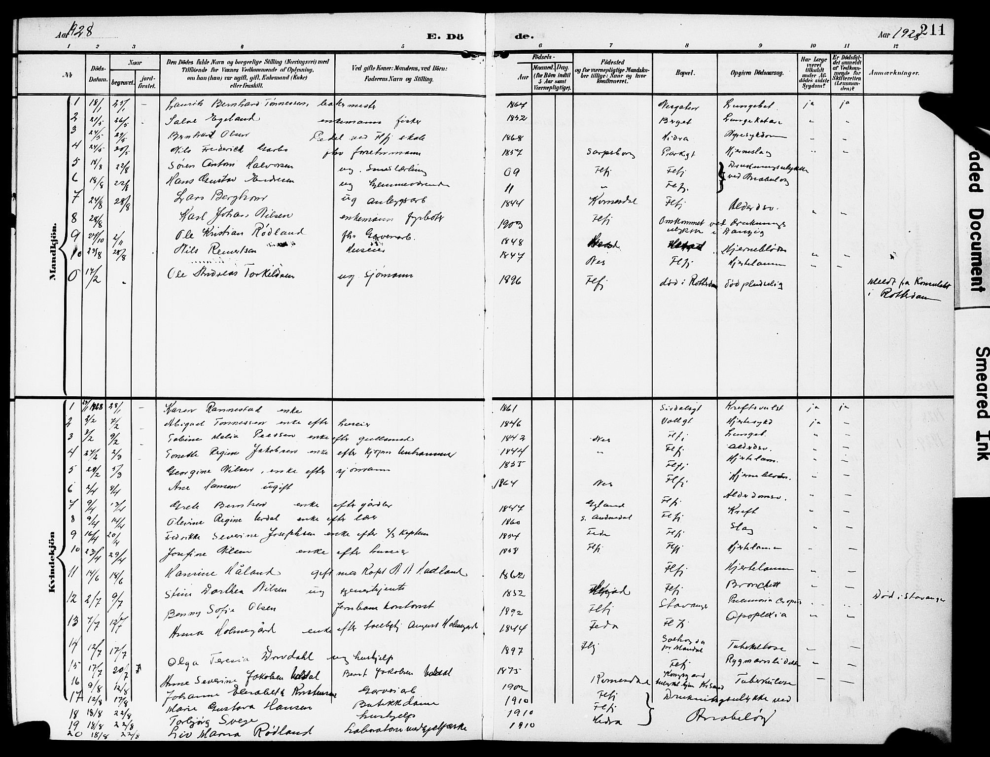 Flekkefjord sokneprestkontor, AV/SAK-1111-0012/F/Fb/Fba/L0001: Parish register (copy) no. B 1, 1903-1931, p. 211