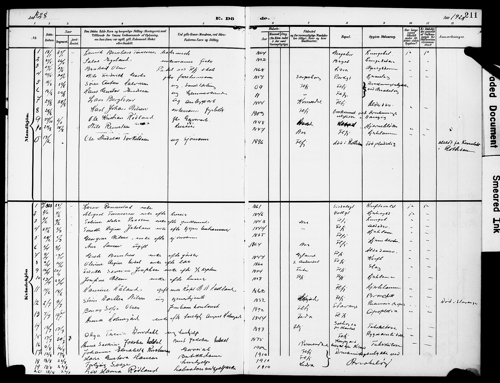 Flekkefjord sokneprestkontor, SAK/1111-0012/F/Fb/Fba/L0001: Parish register (copy) no. B 1, 1903-1931, p. 211