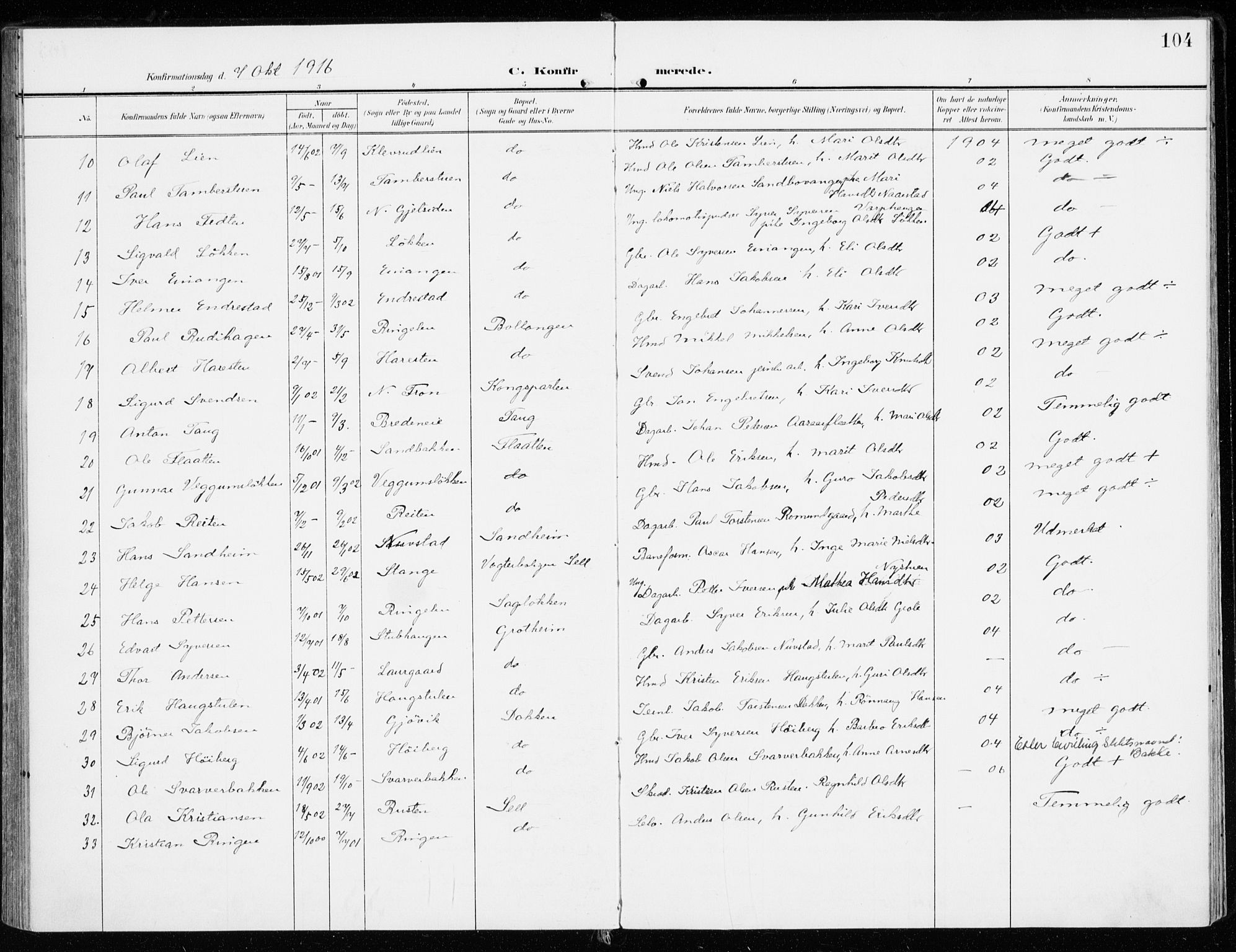Sel prestekontor, SAH/PREST-074/H/Ha/Haa/L0002: Parish register (official) no. 2, 1905-1919, p. 104
