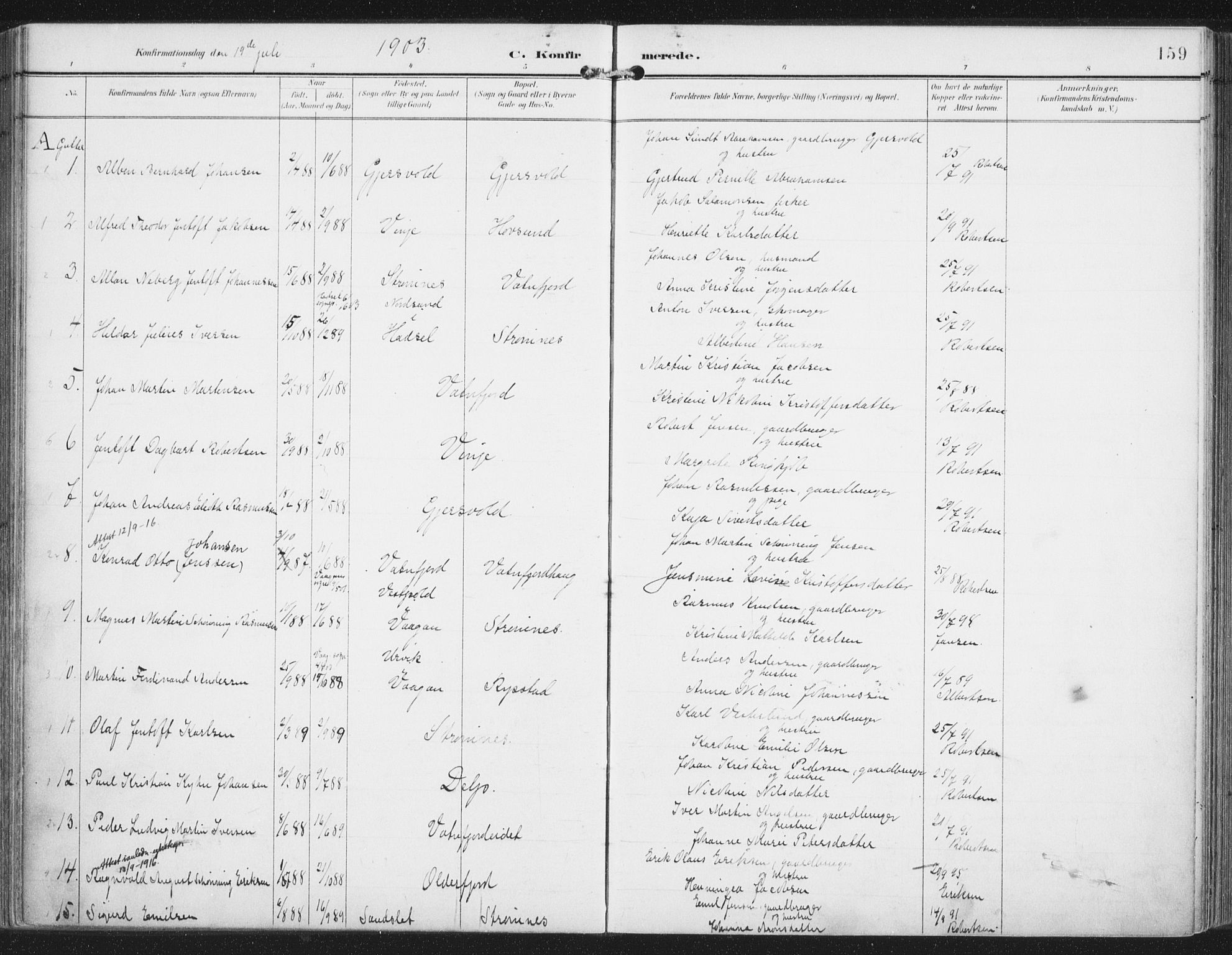 Ministerialprotokoller, klokkerbøker og fødselsregistre - Nordland, SAT/A-1459/876/L1098: Parish register (official) no. 876A04, 1896-1915, p. 159