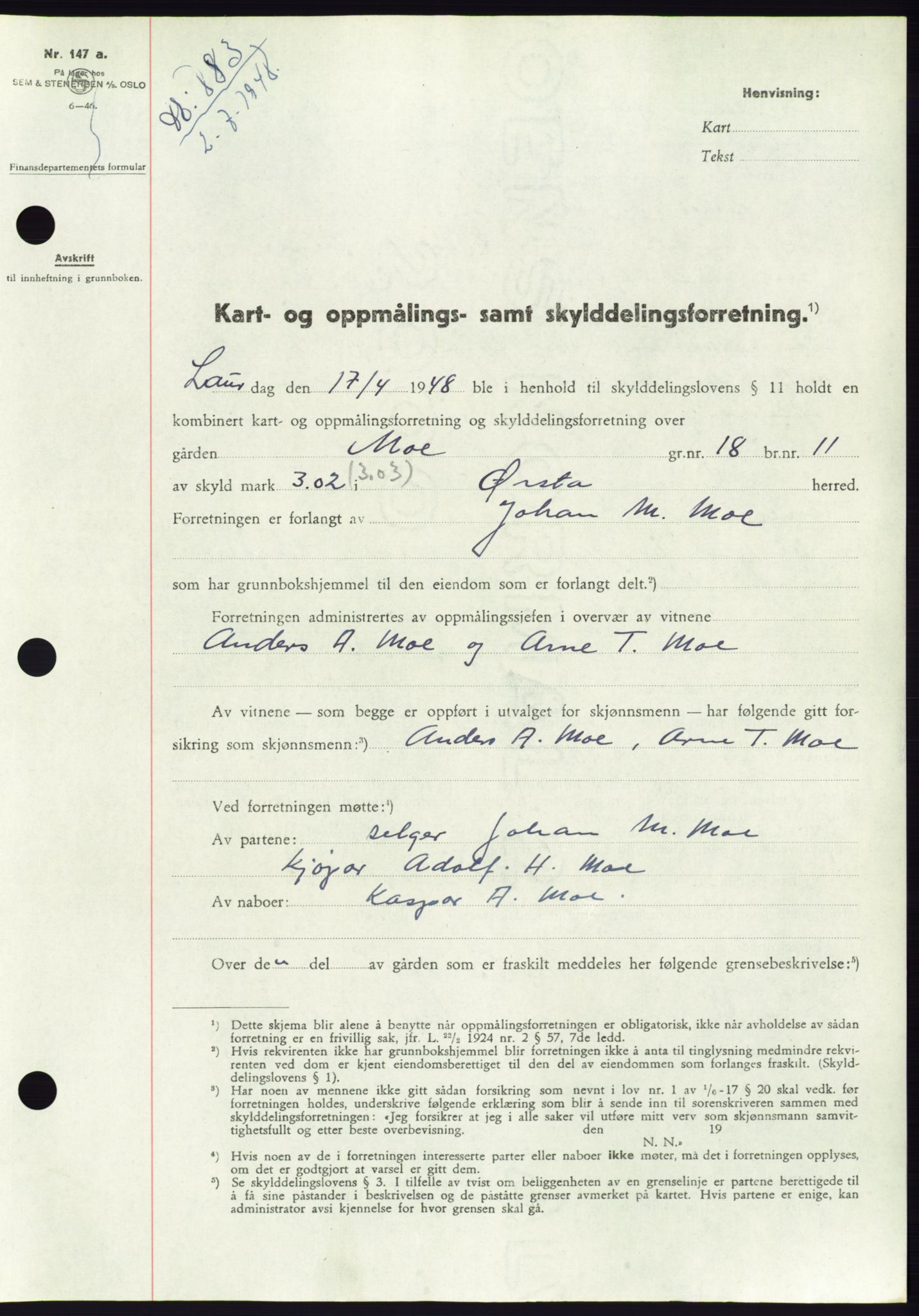 Søre Sunnmøre sorenskriveri, AV/SAT-A-4122/1/2/2C/L0082: Mortgage book no. 8A, 1948-1948, Diary no: : 883/1948