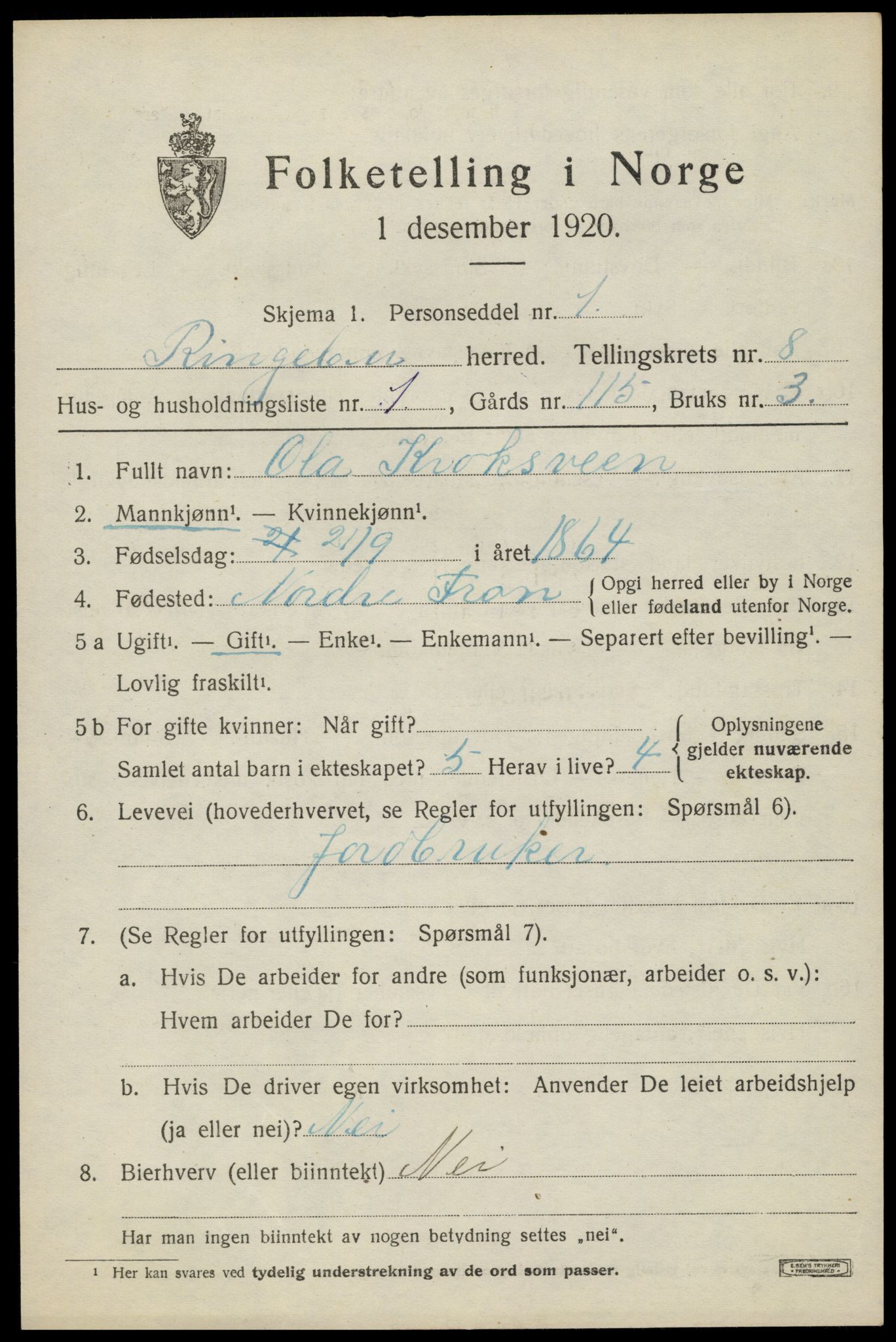 SAH, 1920 census for Ringebu, 1920, p. 8005