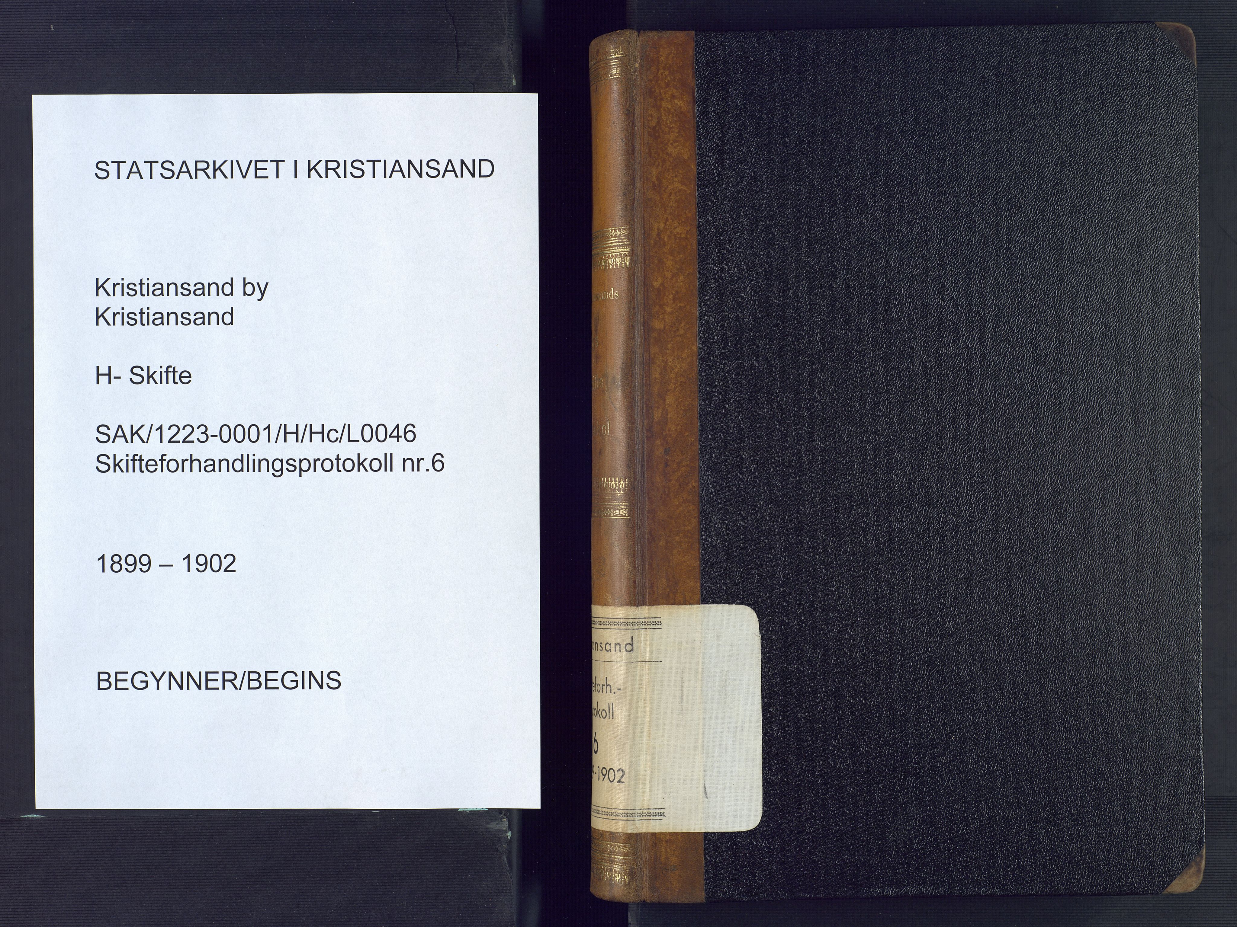 Kristiansand byrett, SAK/1223-0001/H/Hc/L0046: Skifteforhandlingsprotokoll nr. 6, med register, 1899-1902