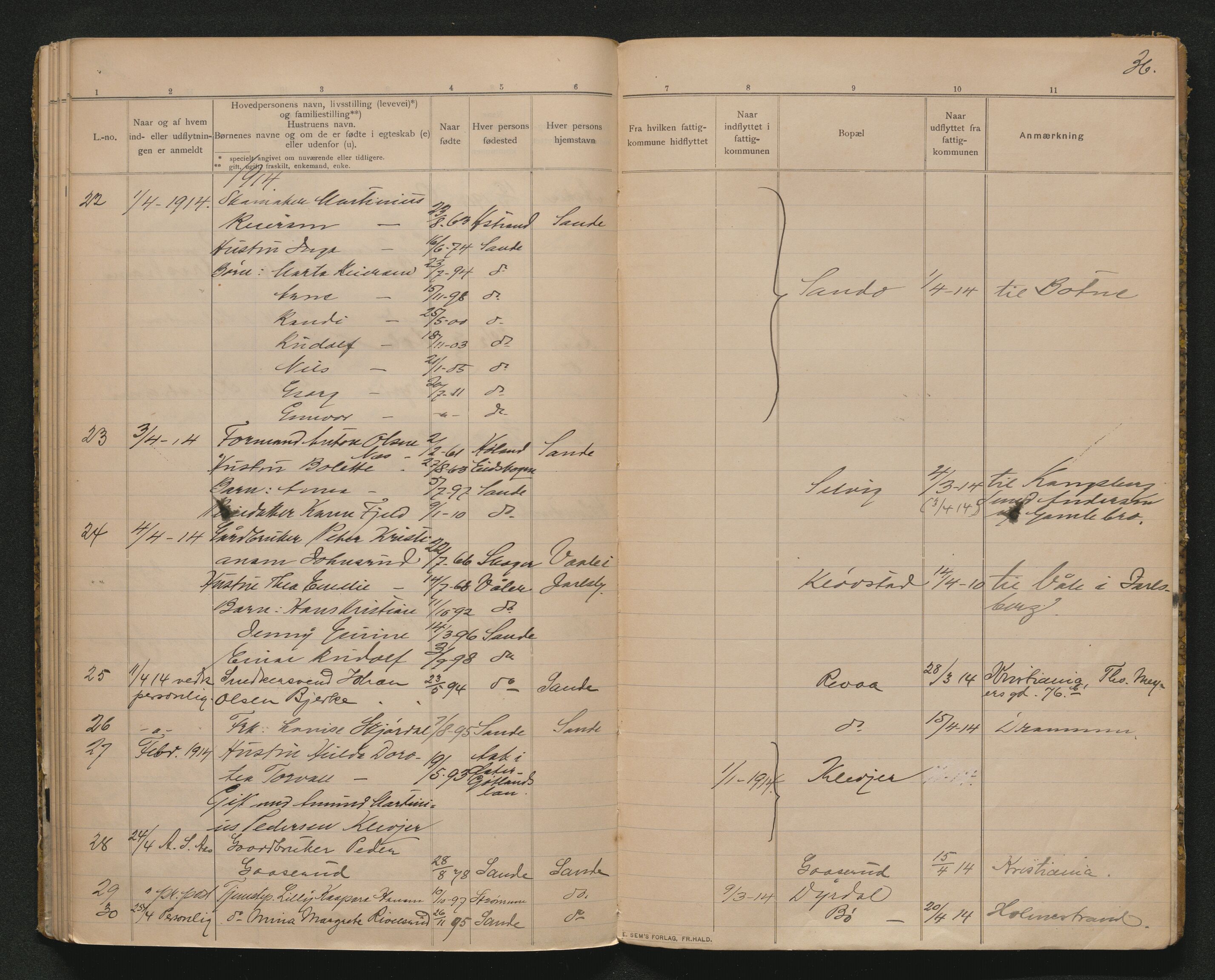 Sande lensmannskontor, AV/SAKO-A-546/O/Oc/L0002: Protokoll over inn- og utflyttede, 1909-1914, p. 35b-36a