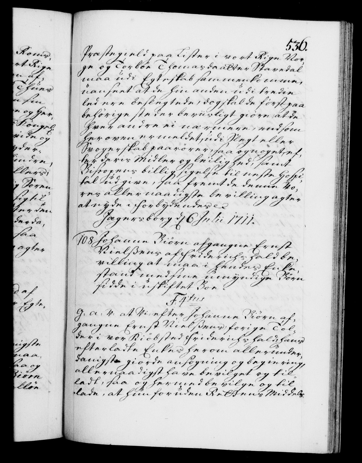 Danske Kanselli 1572-1799, AV/RA-EA-3023/F/Fc/Fca/Fcaa/L0020: Norske registre, 1708-1711, p. 536a