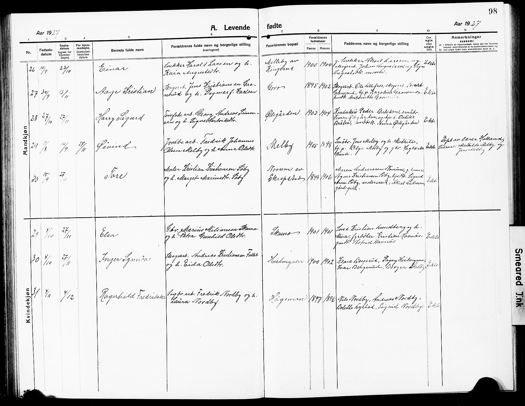 Høland prestekontor Kirkebøker, AV/SAO-A-10346a/G/Ga/L0008: Parish register (copy) no. I 8, 1915-1929, p. 98