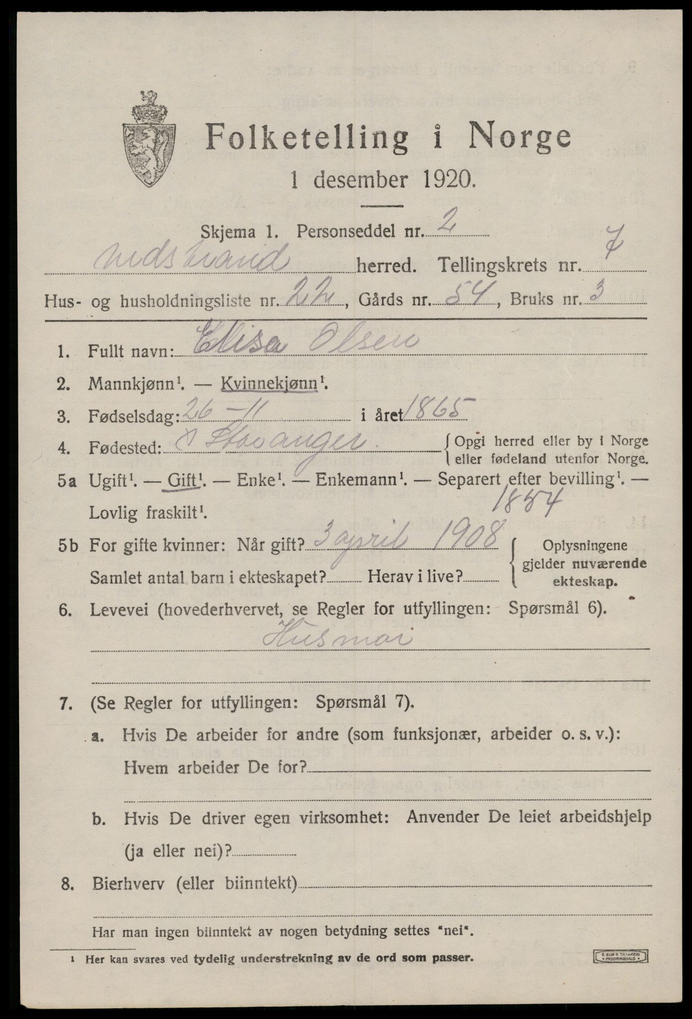 SAST, 1920 census for Nedstrand, 1920, p. 2769