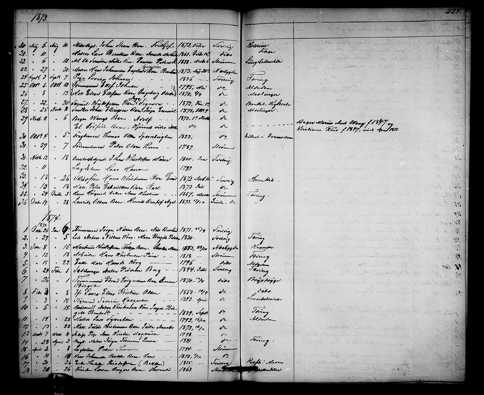 Strømm kirkebøker, AV/SAKO-A-322/G/Ga/L0001: Parish register (copy) no. I 1, 1861-1885, p. 224