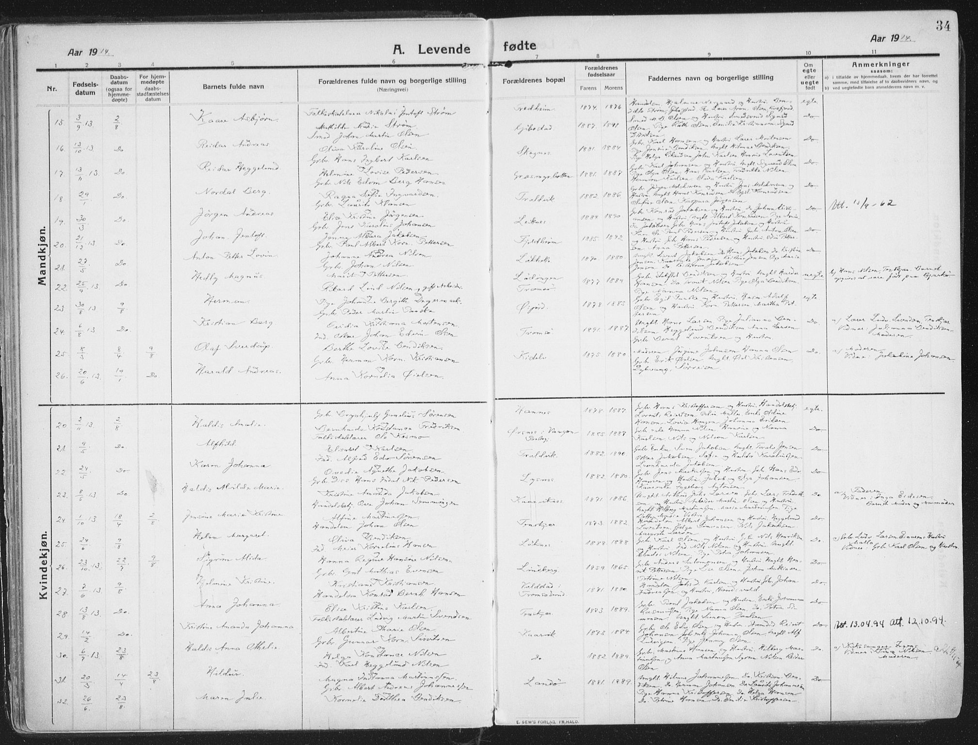 Lenvik sokneprestembete, SATØ/S-1310/H/Ha/Haa/L0016kirke: Parish register (official) no. 16, 1910-1924, p. 34