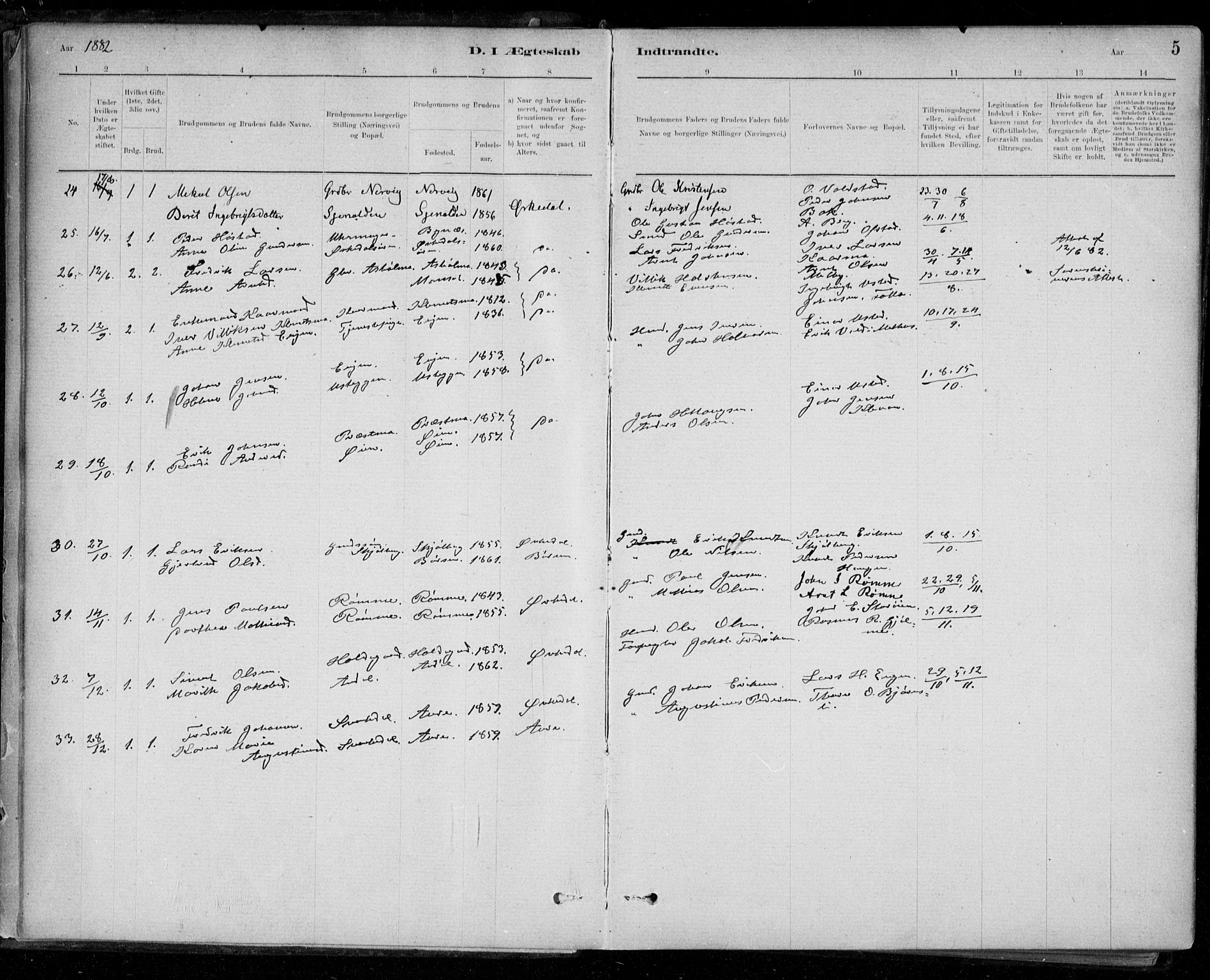 Ministerialprotokoller, klokkerbøker og fødselsregistre - Sør-Trøndelag, AV/SAT-A-1456/668/L0810: Parish register (official) no. 668A10, 1881-1894, p. 5