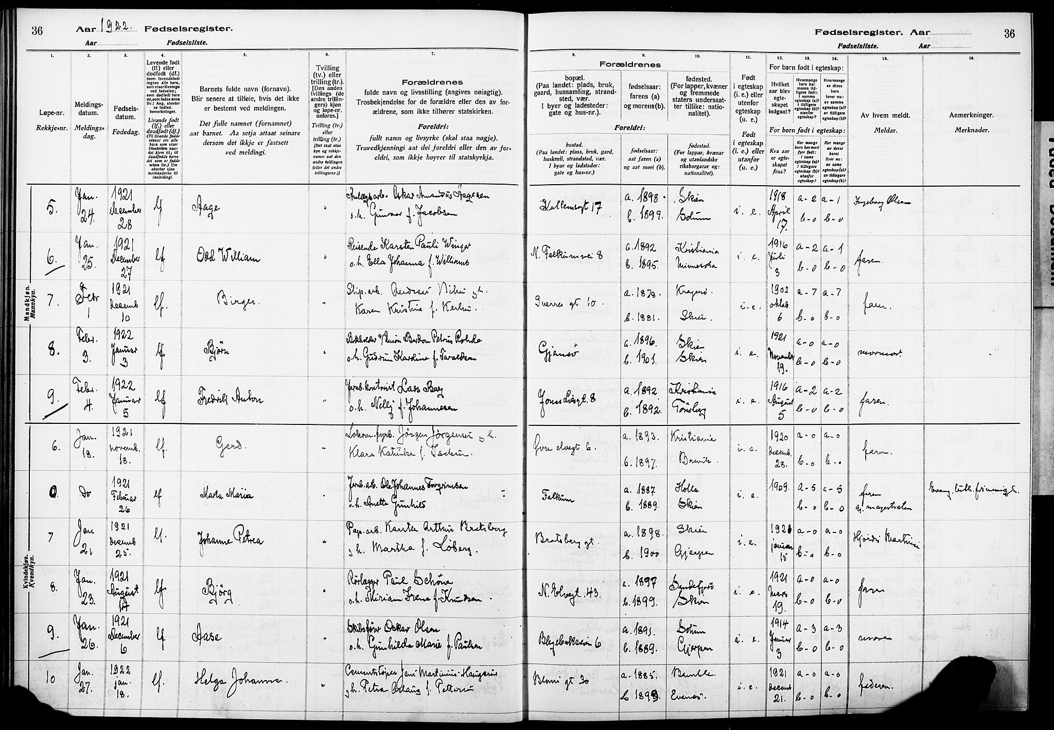 Skien kirkebøker, AV/SAKO-A-302/J/Ja/L0002: Birth register no. 2, 1921-1927, p. 36