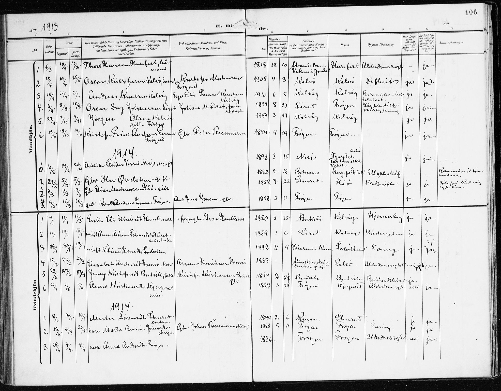 Bremanger sokneprestembete, SAB/A-82201/H/Haa/Haab/L0003: Parish register (official) no. B 3, 1908-1925, p. 106