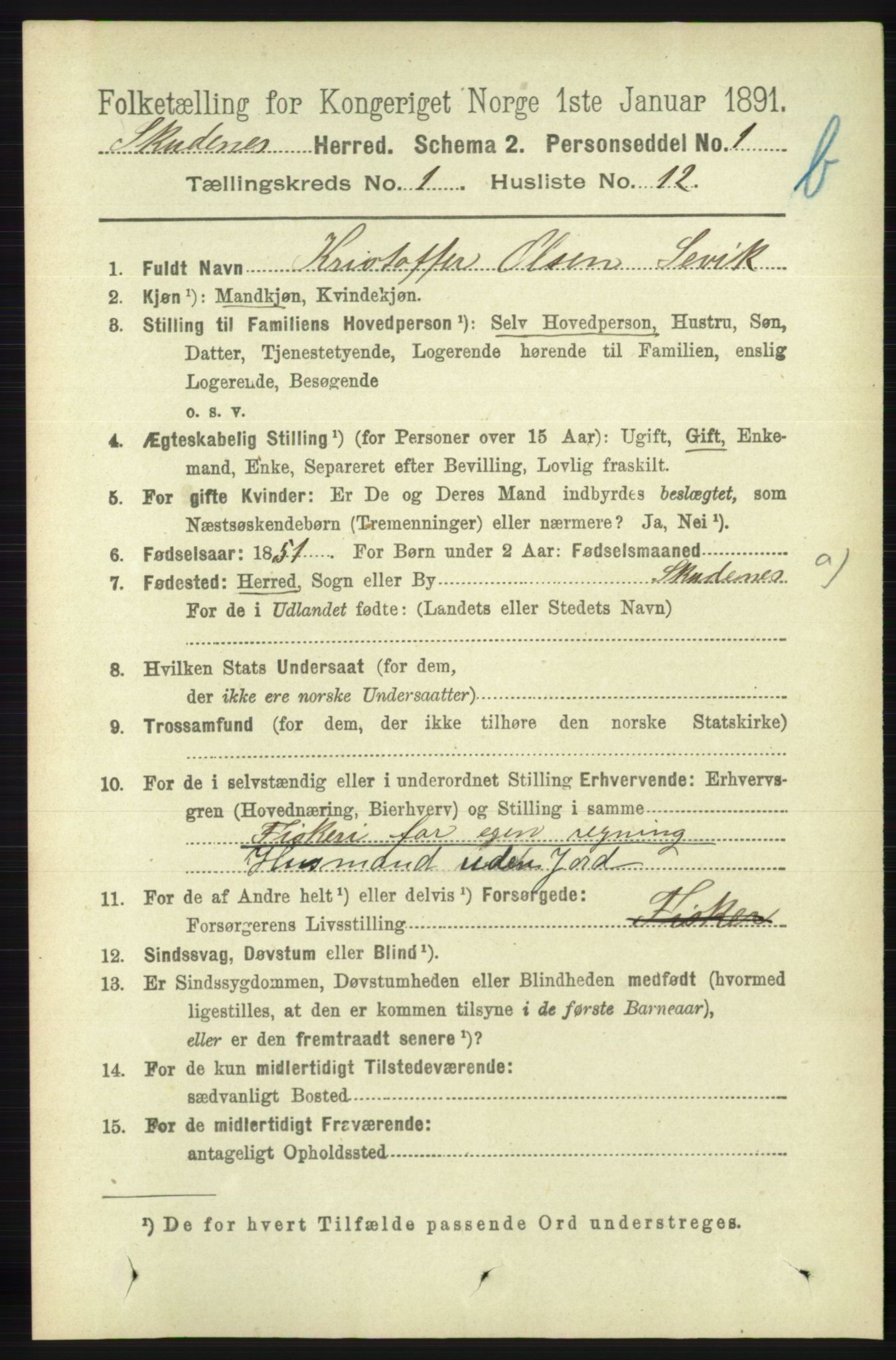 RA, 1891 census for 1150 Skudenes, 1891, p. 3465