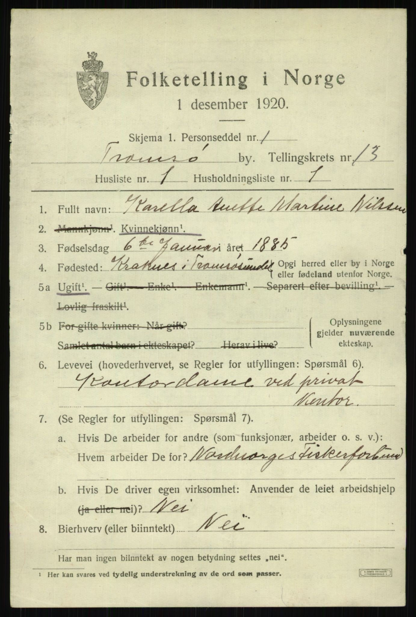 SATØ, 1920 census for Tromsø, 1920, p. 24821