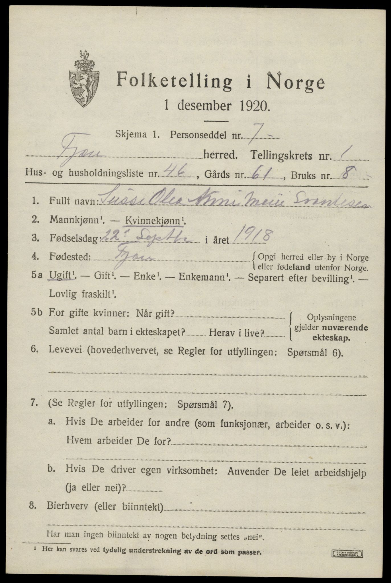 SAK, 1920 census for Fjære, 1920, p. 2629