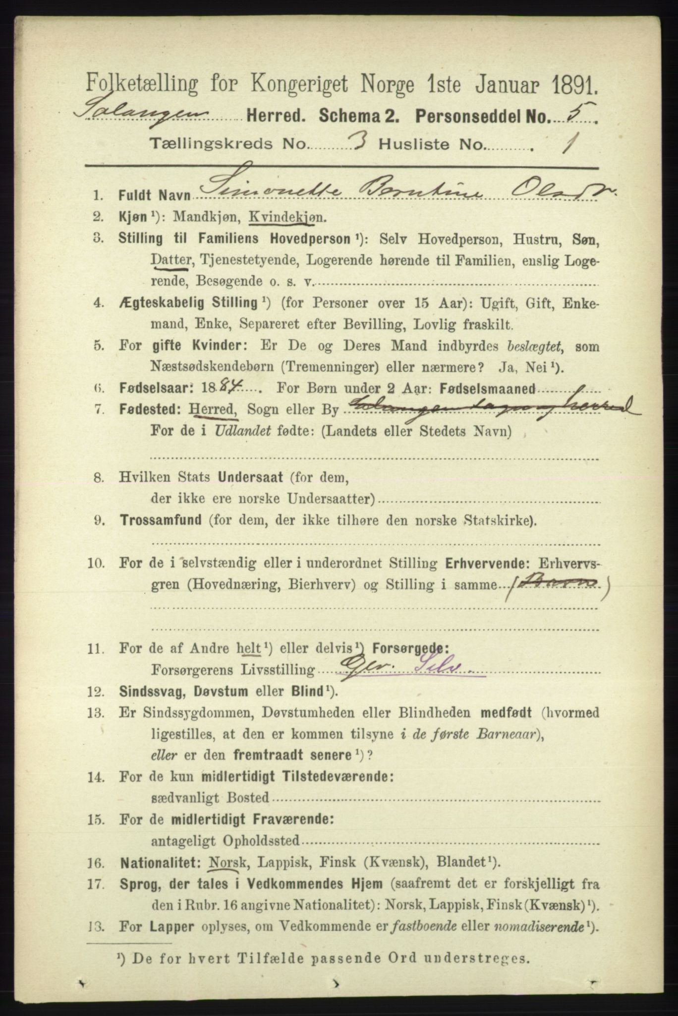 RA, 1891 census for 1921 Salangen, 1891, p. 1233