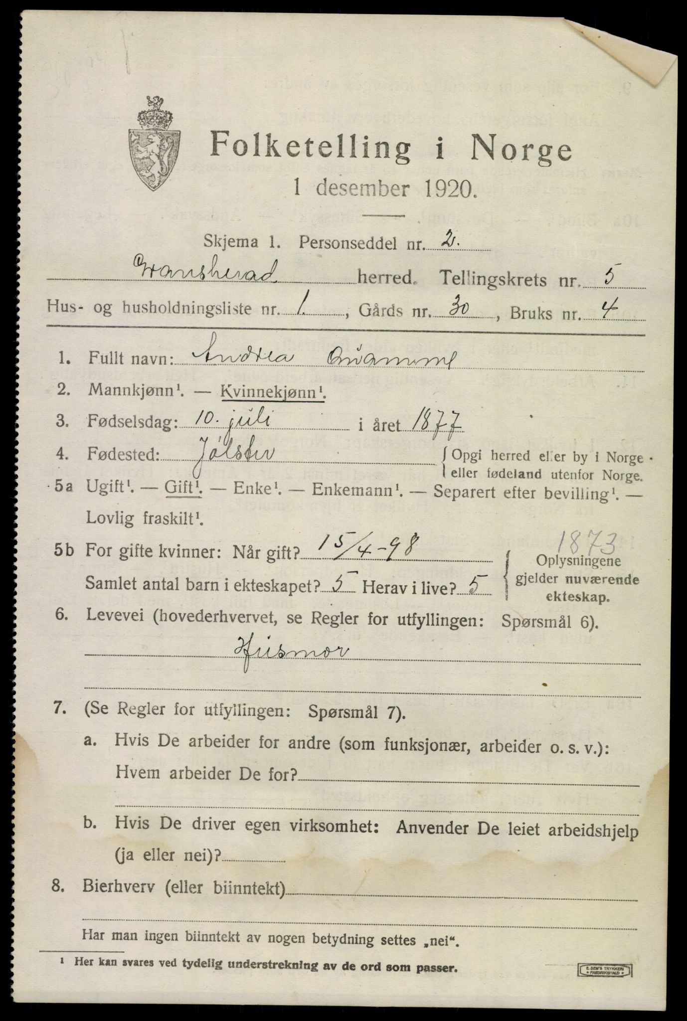 SAKO, 1920 census for Gransherad, 1920, p. 1966