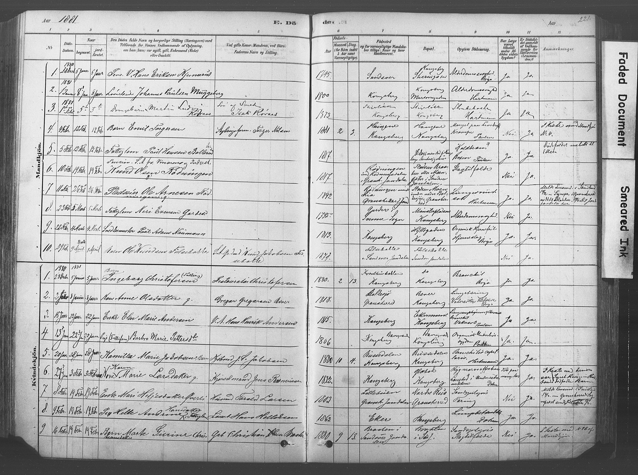 Kongsberg kirkebøker, SAKO/A-22/F/Fb/L0001: Parish register (official) no. II 1, 1878-1886, p. 221
