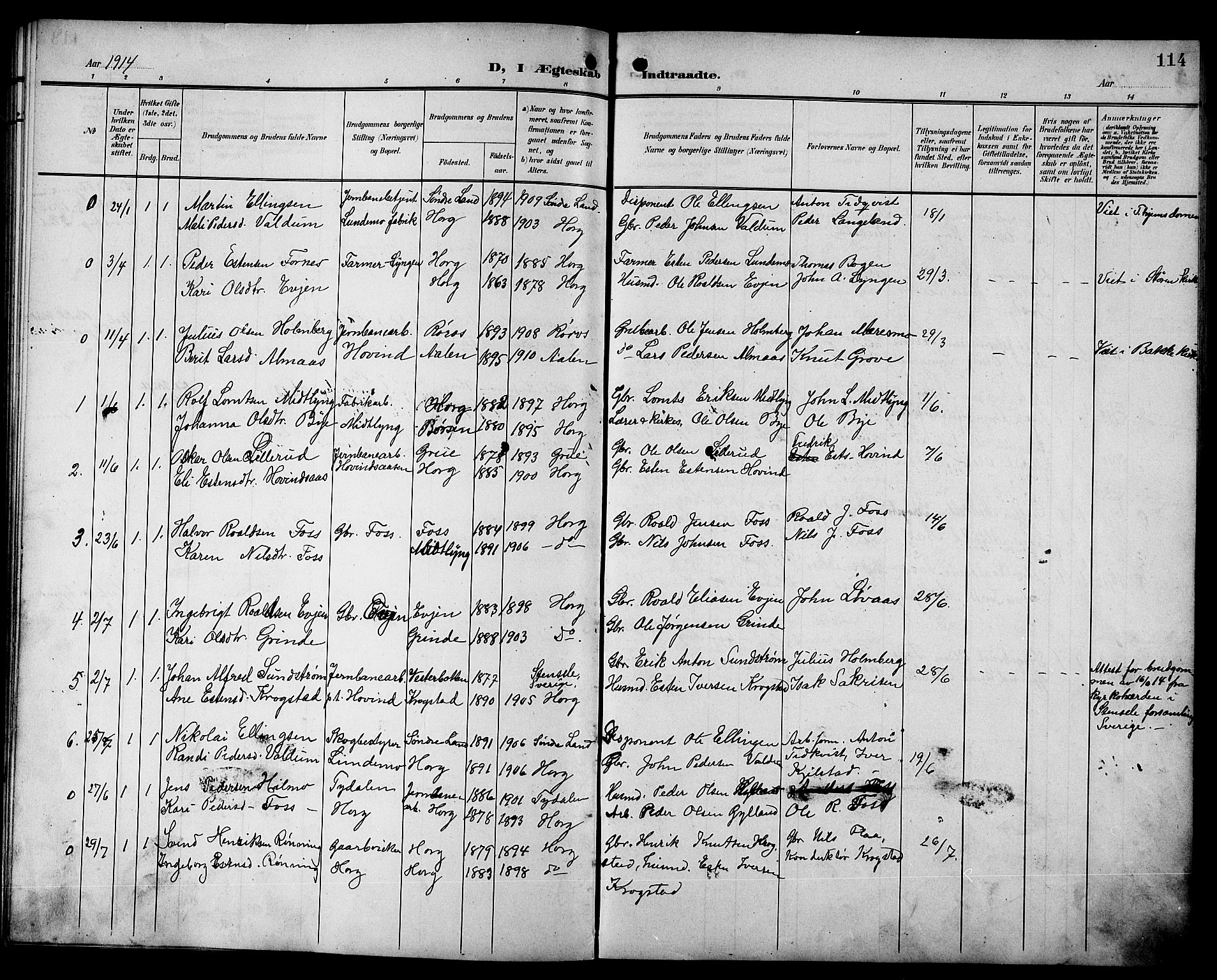 Ministerialprotokoller, klokkerbøker og fødselsregistre - Sør-Trøndelag, SAT/A-1456/692/L1112: Parish register (copy) no. 692C07, 1904-1918, p. 114