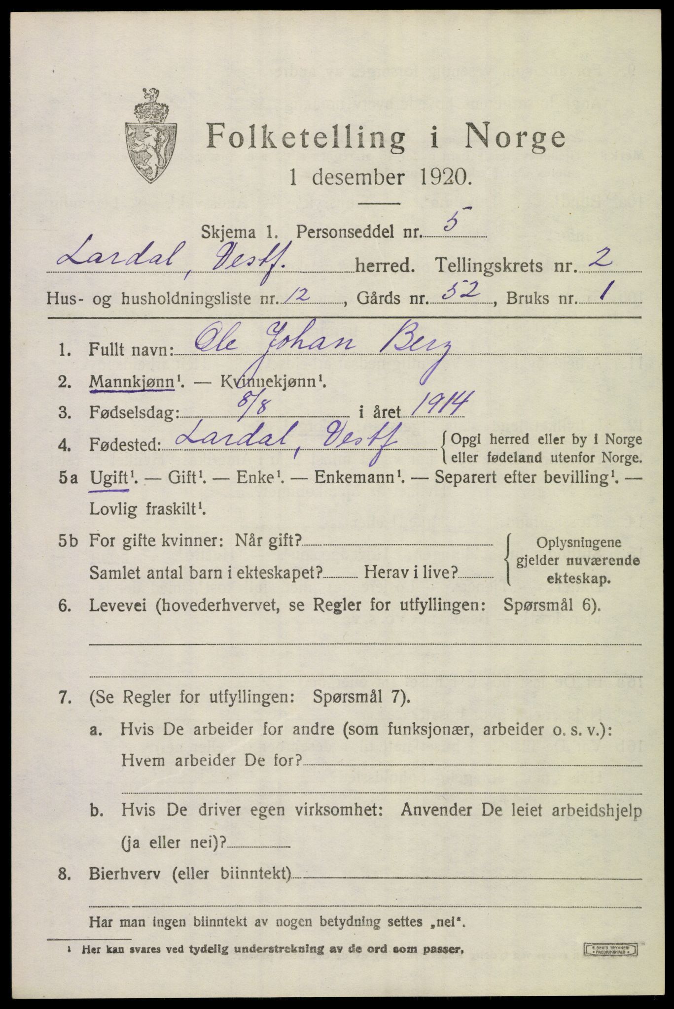 SAKO, 1920 census for Lardal, 1920, p. 2117