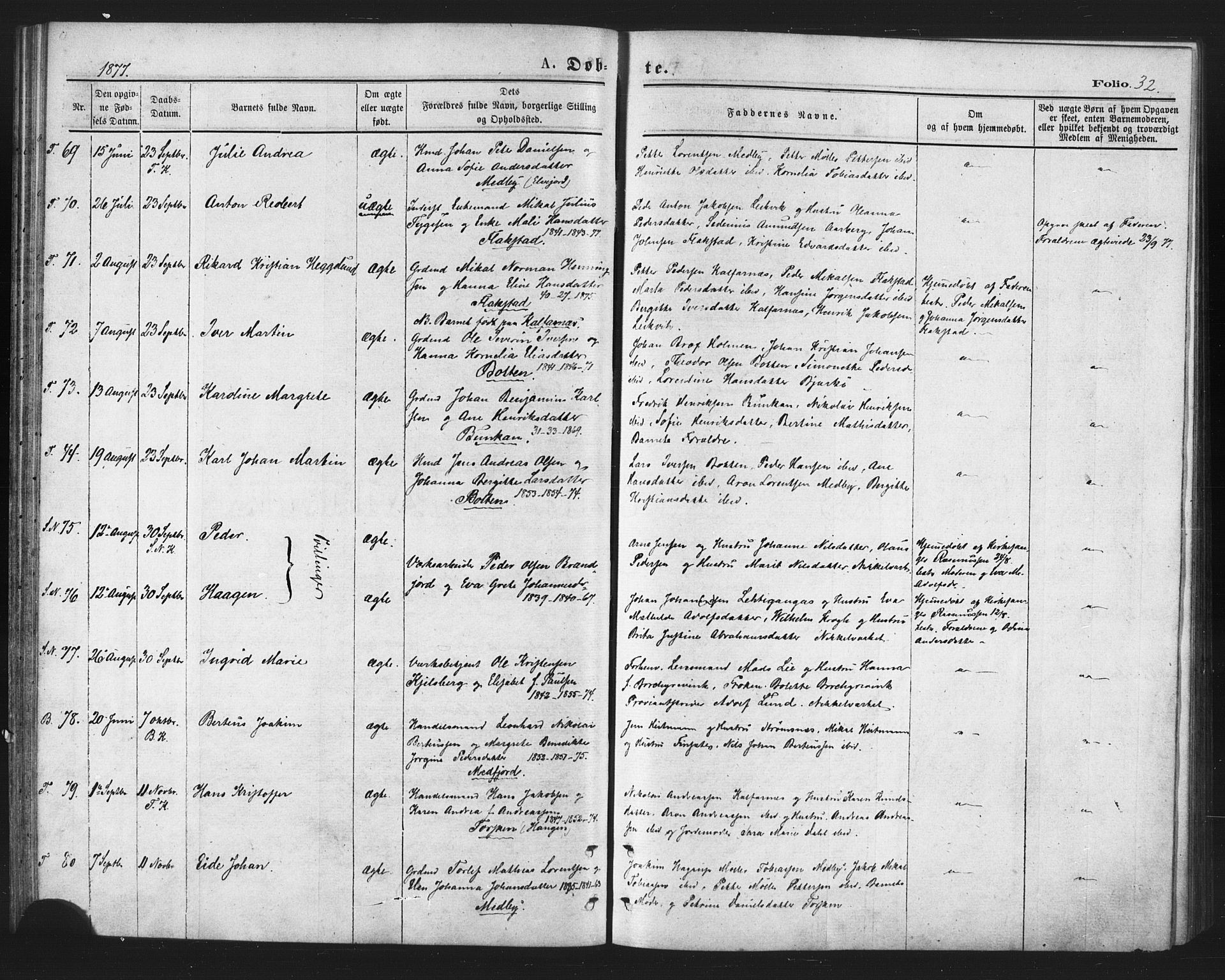 Berg sokneprestkontor, AV/SATØ-S-1318/G/Ga/Gaa/L0003kirke: Parish register (official) no. 3, 1872-1879, p. 32