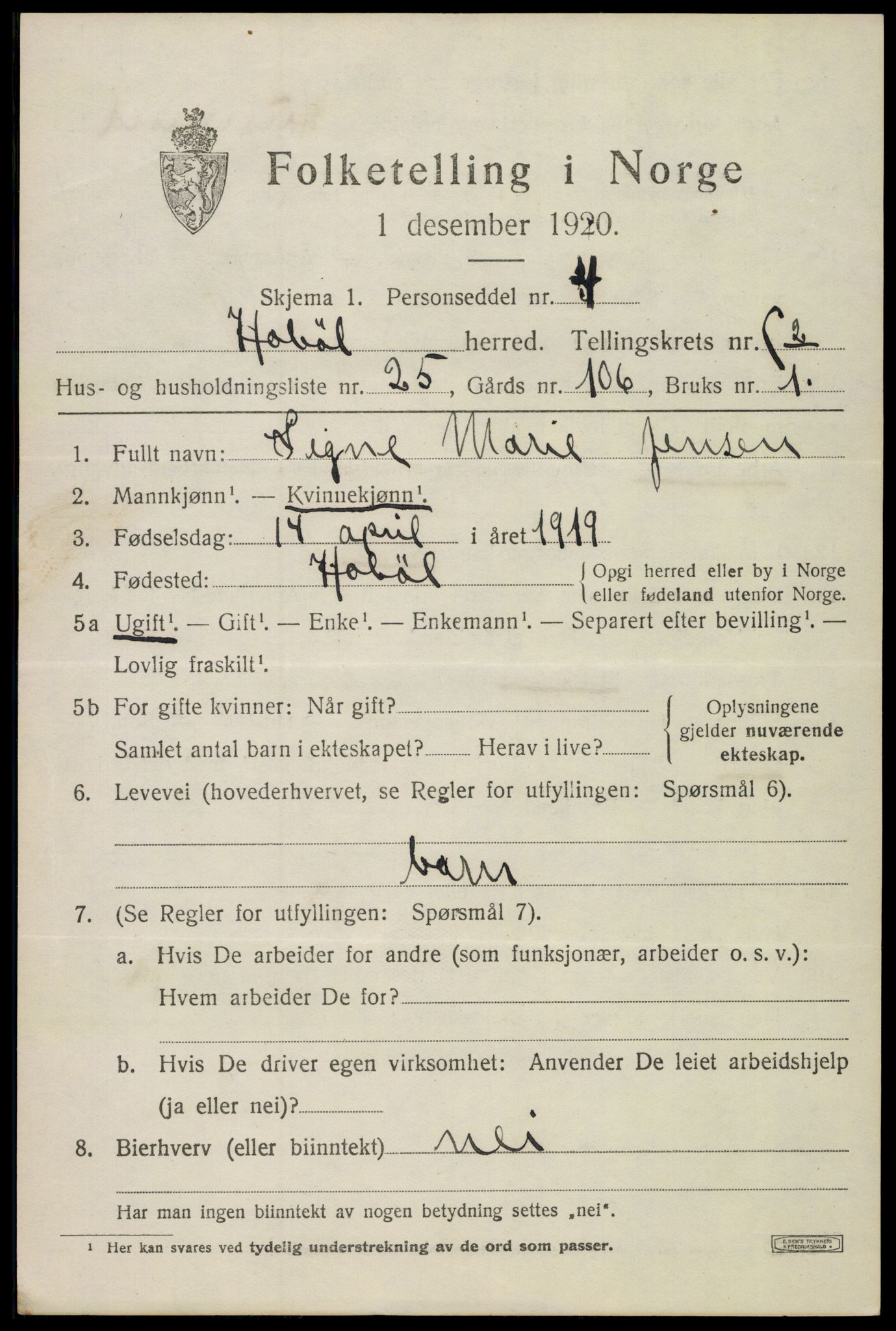 SAO, 1920 census for Hobøl, 1920, p. 2788