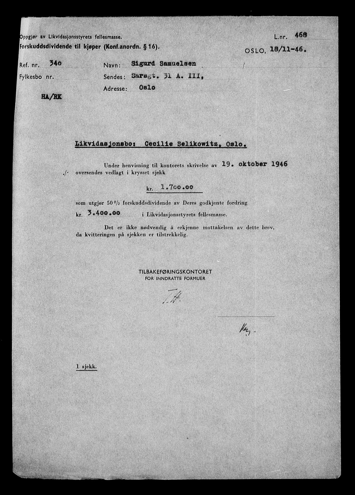 Justisdepartementet, Tilbakeføringskontoret for inndratte formuer, RA/S-1564/H/Hc/Hcc/L0980: --, 1945-1947, p. 317