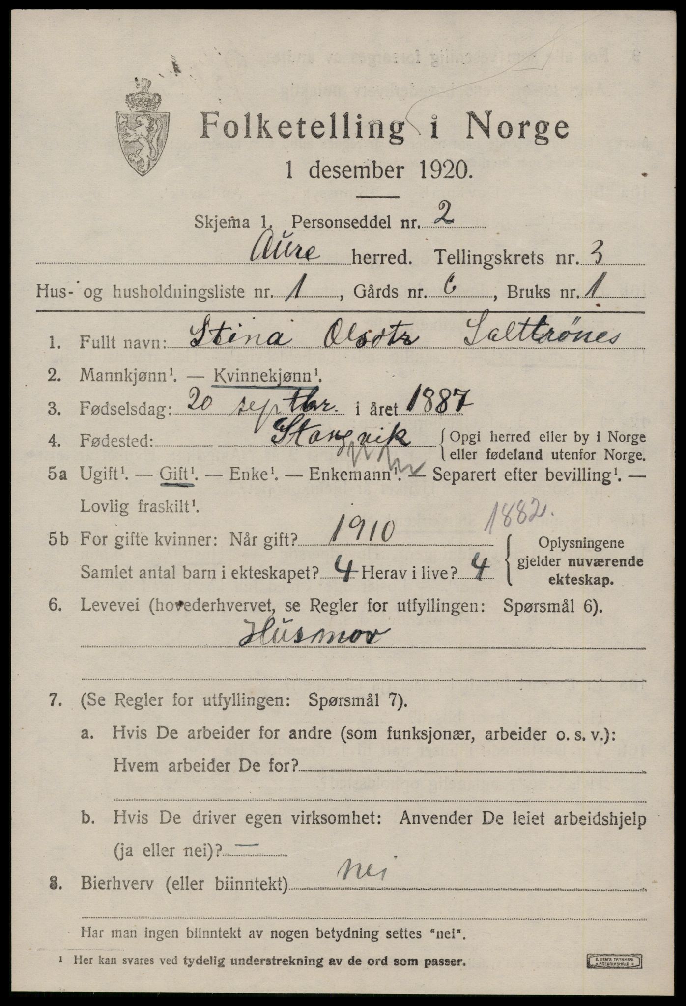 SAT, 1920 census for Aure, 1920, p. 1614