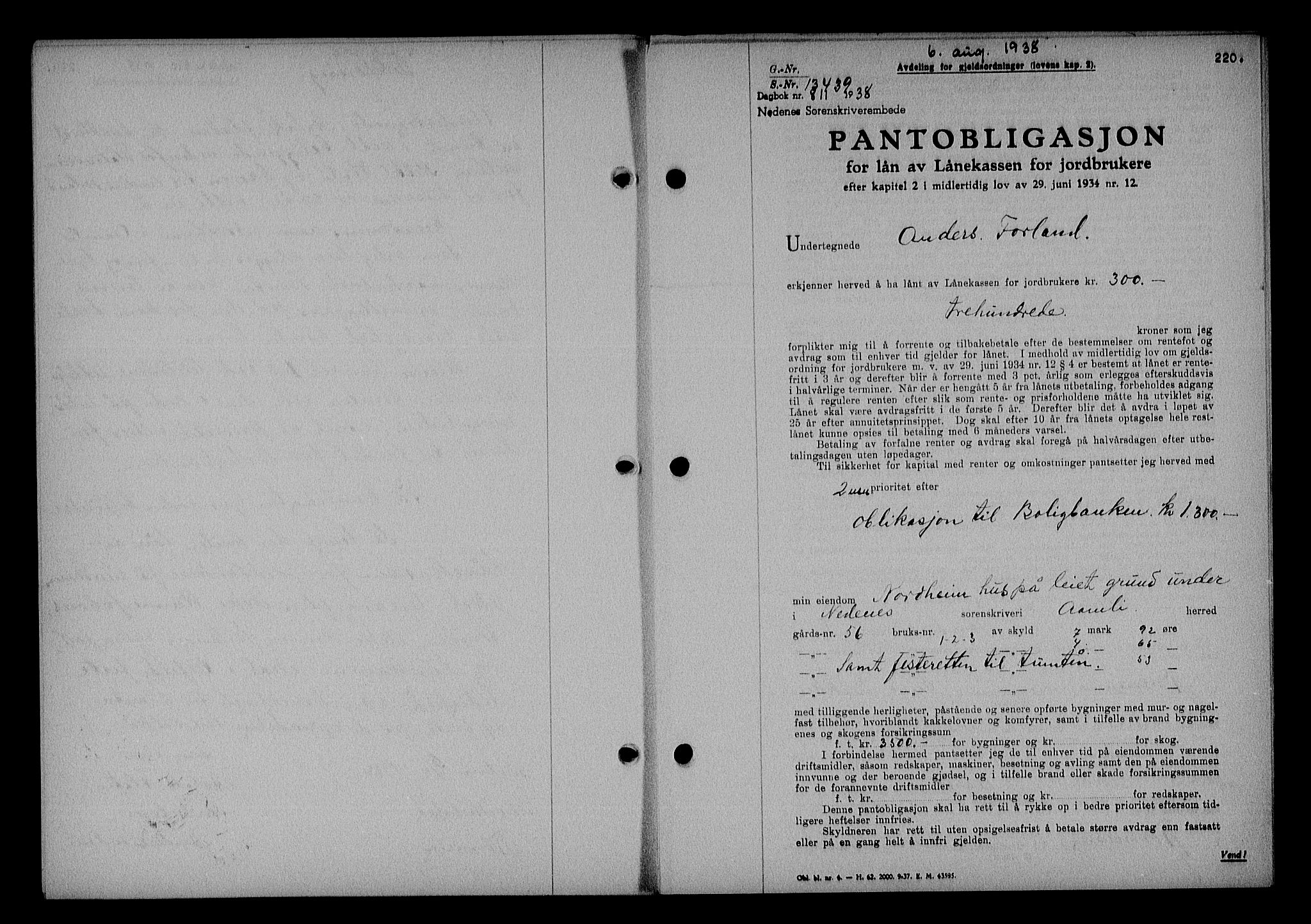 Nedenes sorenskriveri, AV/SAK-1221-0006/G/Gb/Gba/L0045: Mortgage book no. 41, 1938-1938, Diary no: : 811/1938