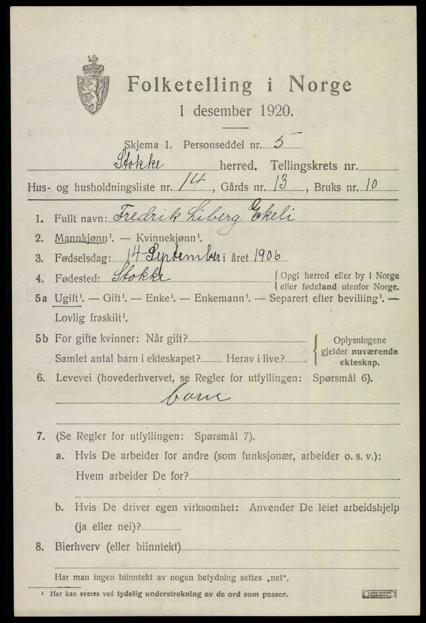 SAKO, 1920 census for Stokke, 1920, p. 3136