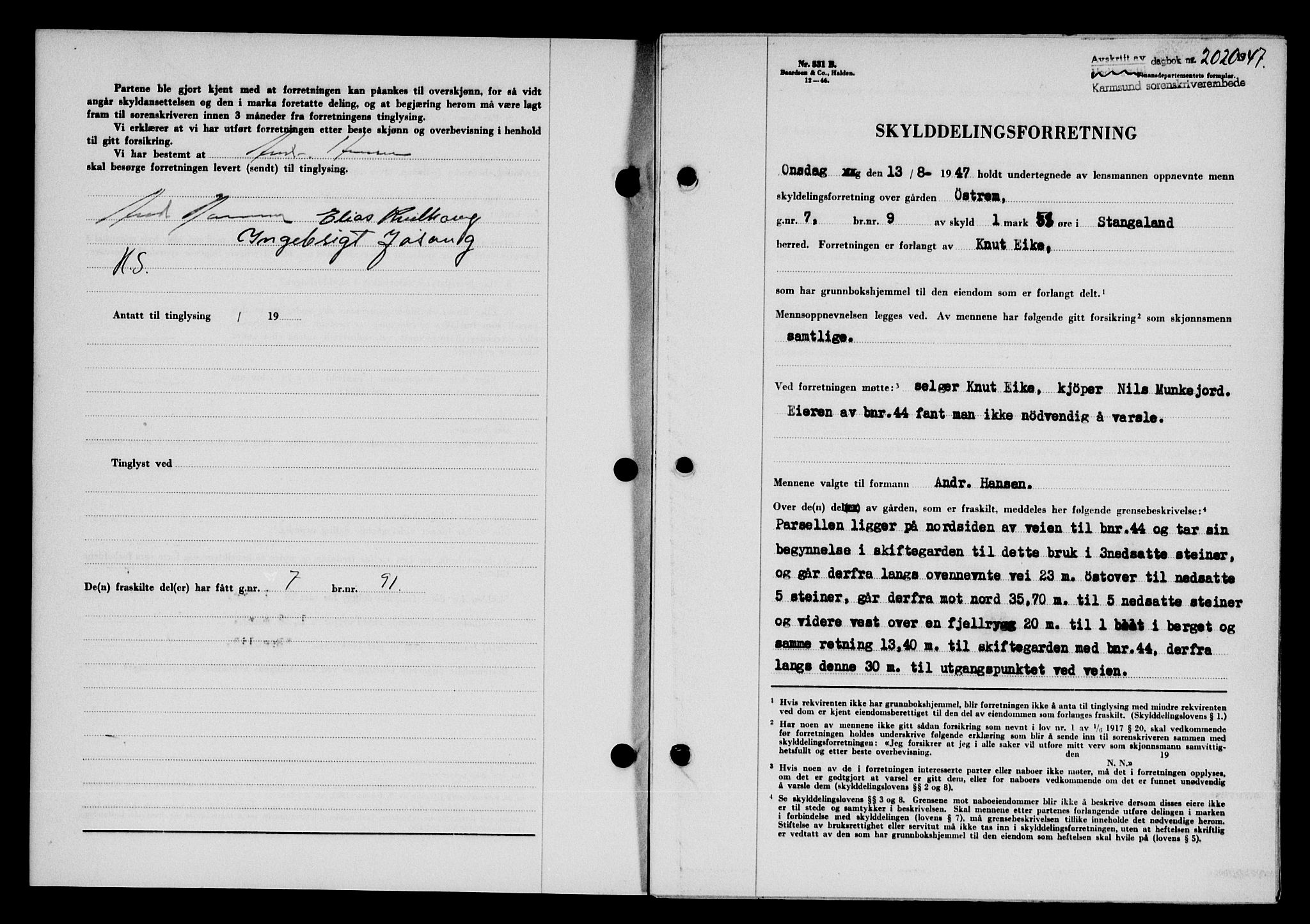 Karmsund sorenskriveri, SAST/A-100311/01/II/IIB/L0090: Mortgage book no. 70A, 1947-1947, Diary no: : 2020/1947