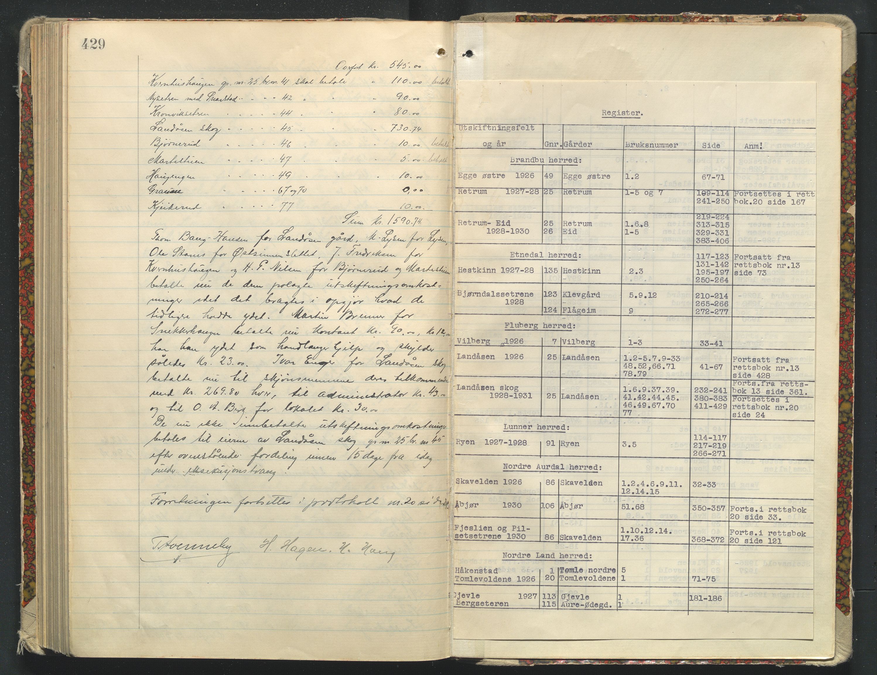 Utskiftningsformannen i Oppland fylke, AV/SAH-JORDSKIFTEO-001/G/Ga/L0009/0001: Rettsbøker / Rettsbok - protokoll nr. 17, 1926-1931, p. 429