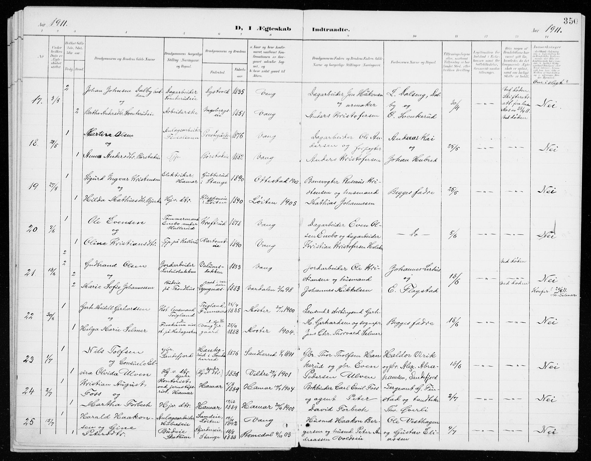 Vang prestekontor, Hedmark, SAH/PREST-008/H/Ha/Haa/L0021: Parish register (official) no. 21, 1902-1917, p. 350