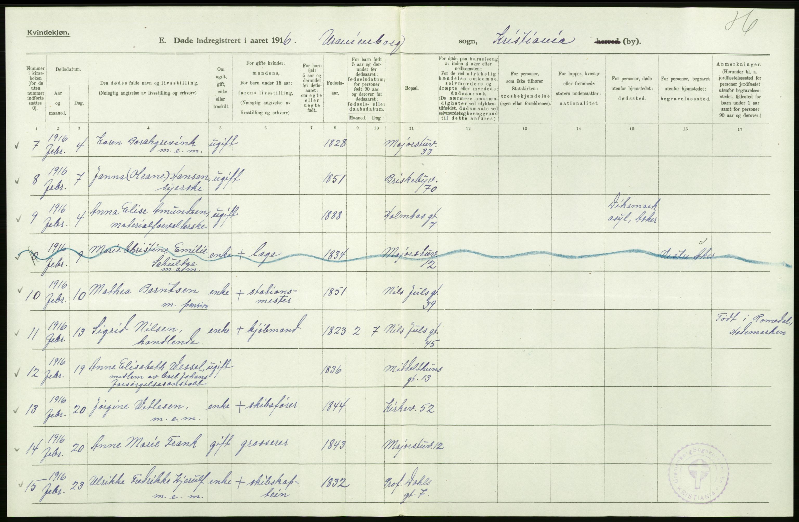 Statistisk sentralbyrå, Sosiodemografiske emner, Befolkning, AV/RA-S-2228/D/Df/Dfb/Dfbf/L0010: Kristiania: Døde, dødfødte., 1916, p. 62