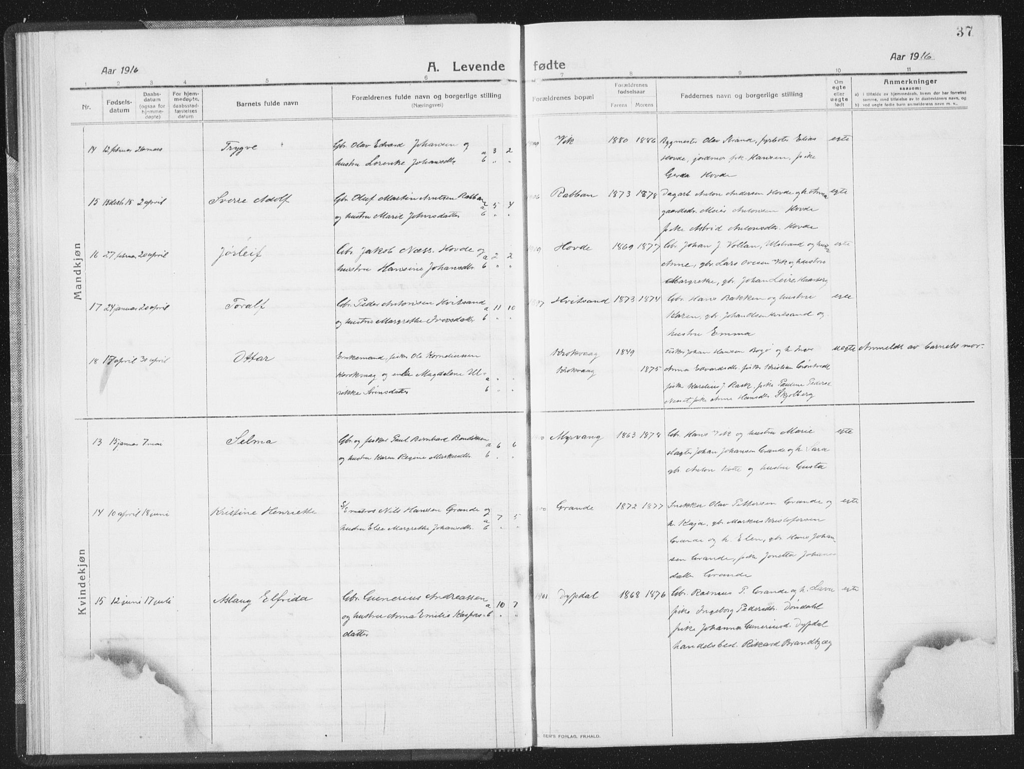 Ministerialprotokoller, klokkerbøker og fødselsregistre - Sør-Trøndelag, SAT/A-1456/659/L0747: Parish register (copy) no. 659C04, 1913-1938, p. 37