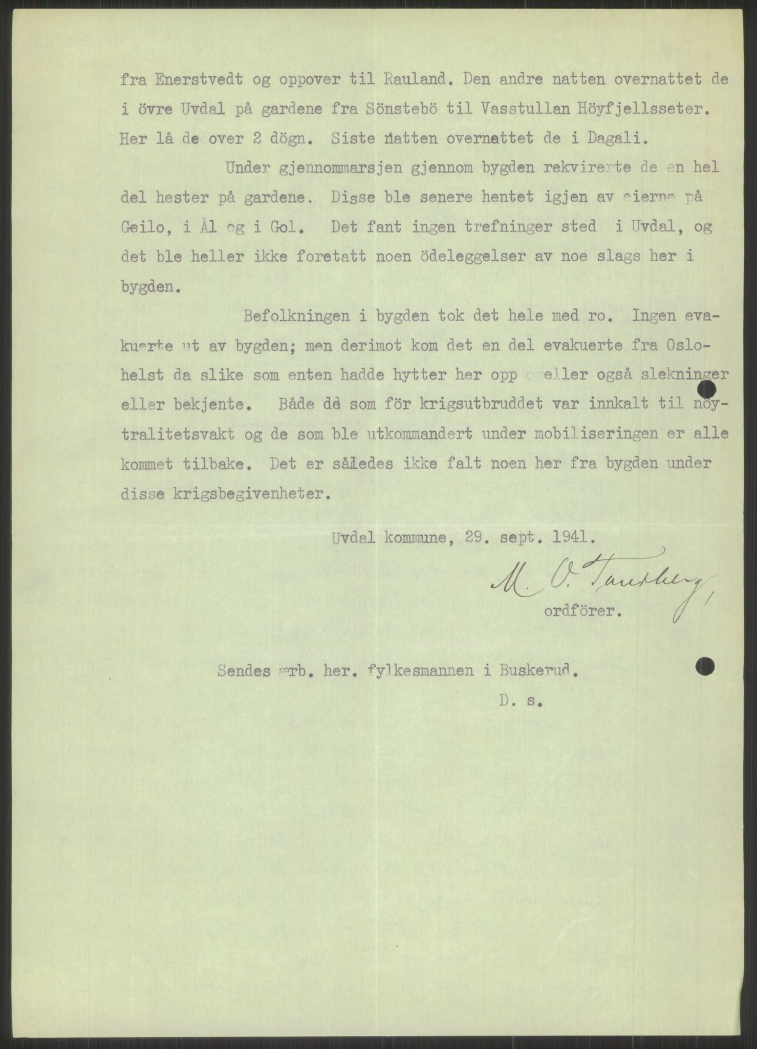 Forsvaret, Forsvarets krigshistoriske avdeling, AV/RA-RAFA-2017/Y/Ya/L0014: II-C-11-31 - Fylkesmenn.  Rapporter om krigsbegivenhetene 1940., 1940, p. 495