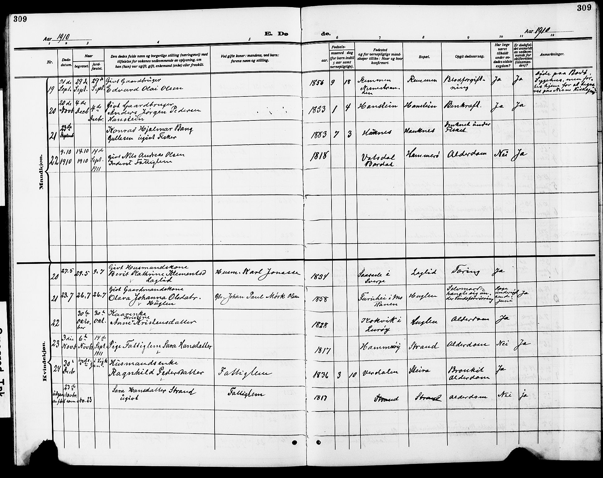 Ministerialprotokoller, klokkerbøker og fødselsregistre - Nordland, SAT/A-1459/838/L0560: Parish register (copy) no. 838C07, 1910-1928, p. 309