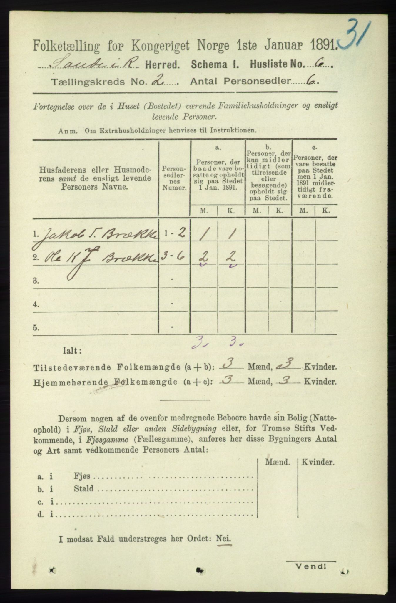 RA, 1891 census for 1135 Sauda, 1891, p. 529