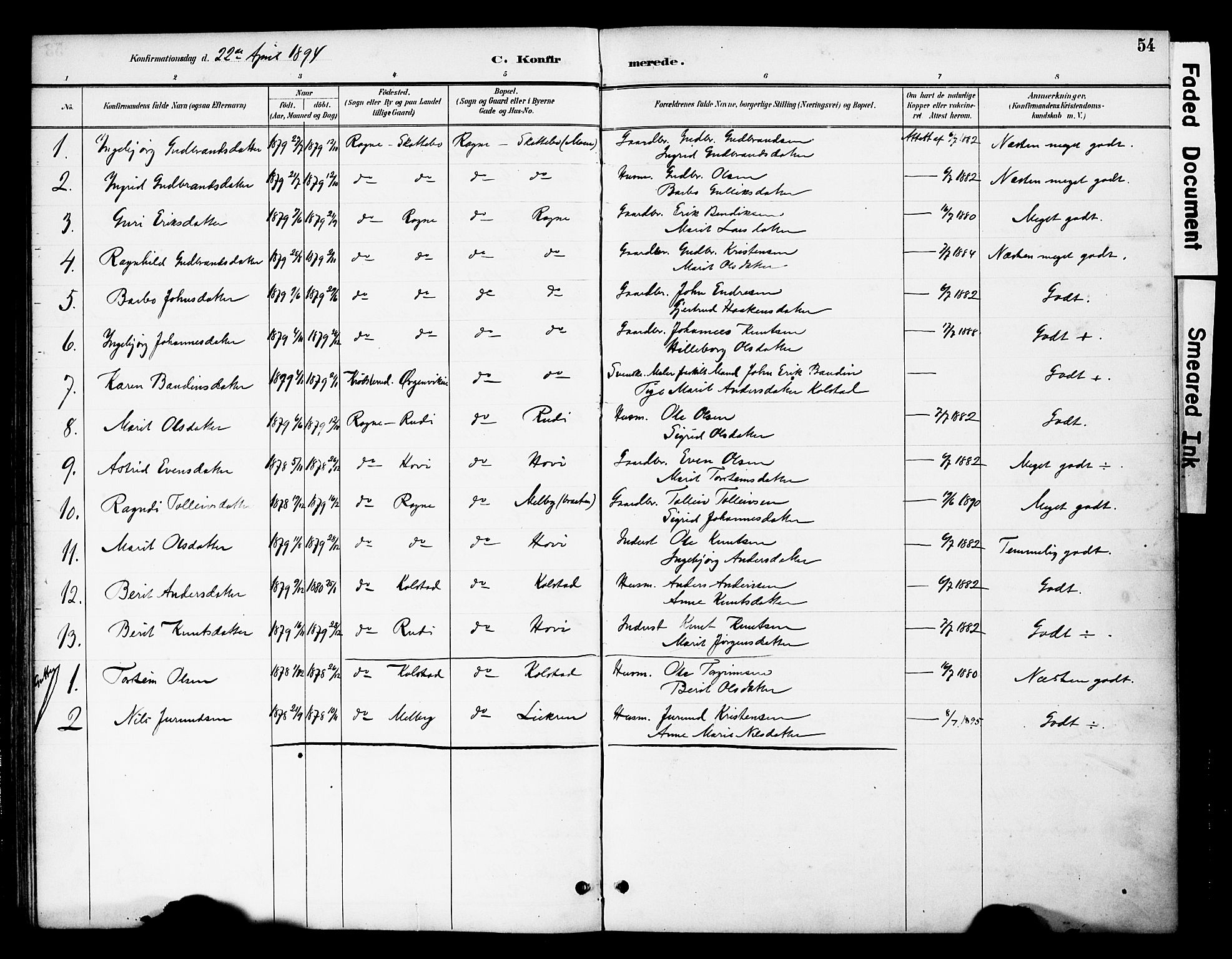 Øystre Slidre prestekontor, AV/SAH-PREST-138/H/Ha/Haa/L0003: Parish register (official) no. 3, 1887-1910, p. 54