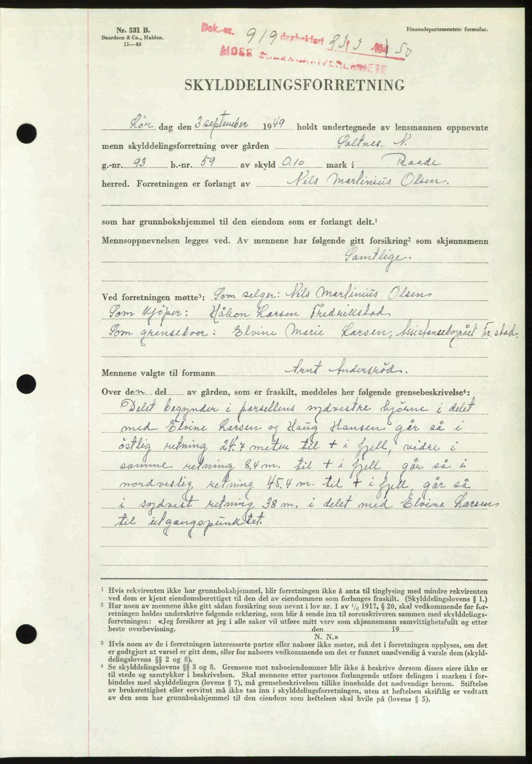 Moss sorenskriveri, SAO/A-10168: Mortgage book no. A25, 1950-1950, Diary no: : 919/1950