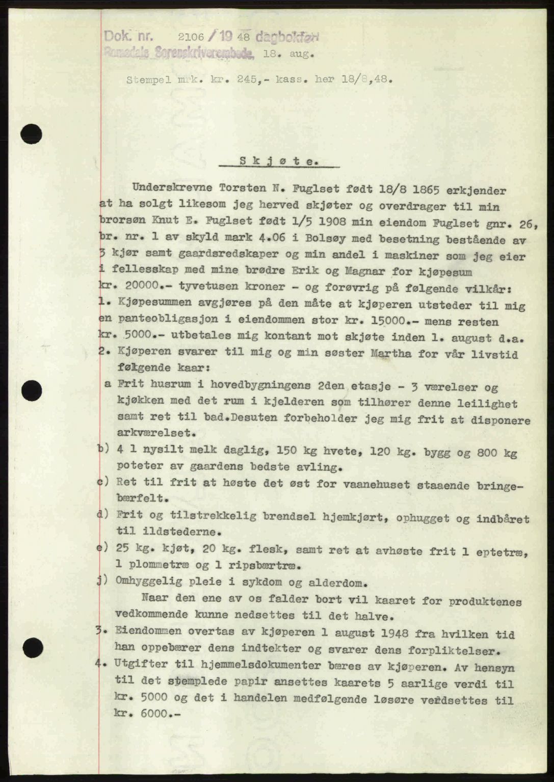 Romsdal sorenskriveri, AV/SAT-A-4149/1/2/2C: Mortgage book no. A27, 1948-1948, Diary no: : 2106/1948